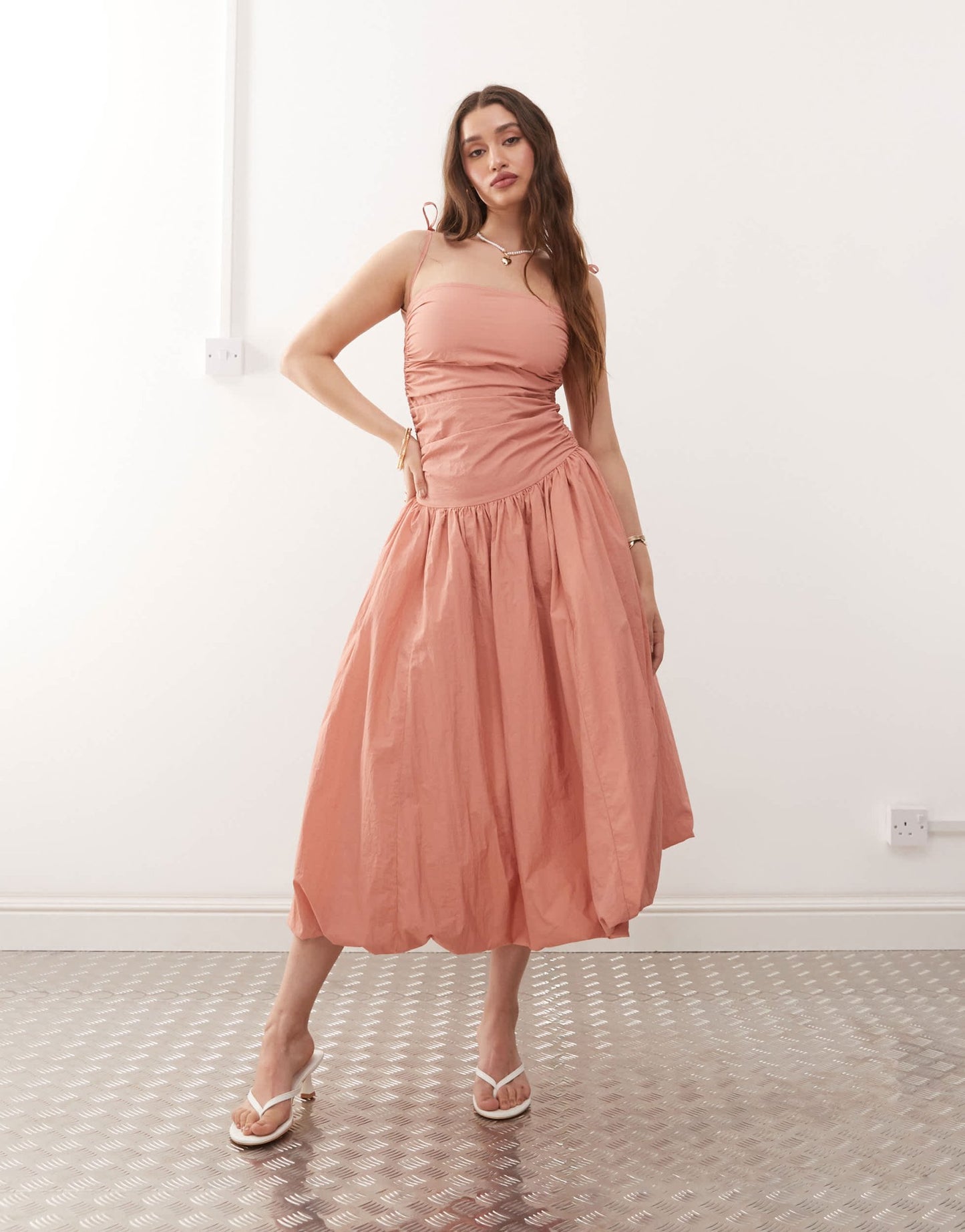 Amy Lynn Alexa tie shoulder puffball nylon midi dress in tawny - ASOS Sample Sale