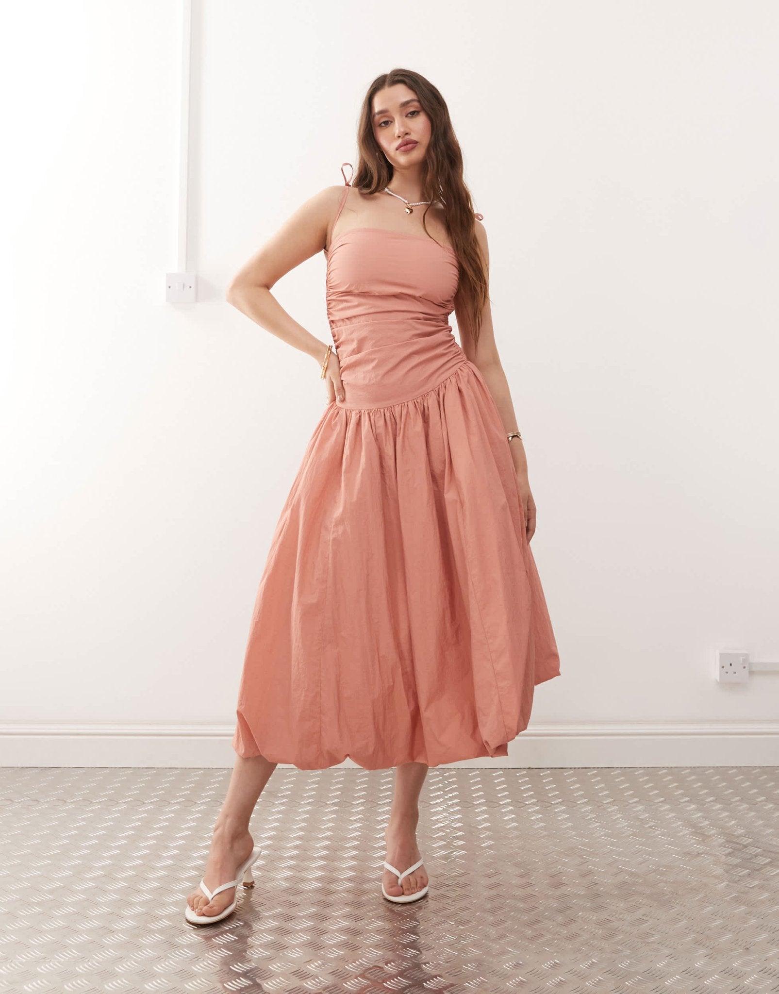 Amy Lynn Alexa tie shoulder puffball nylon midi dress in tawny - ASOS Sample Sale