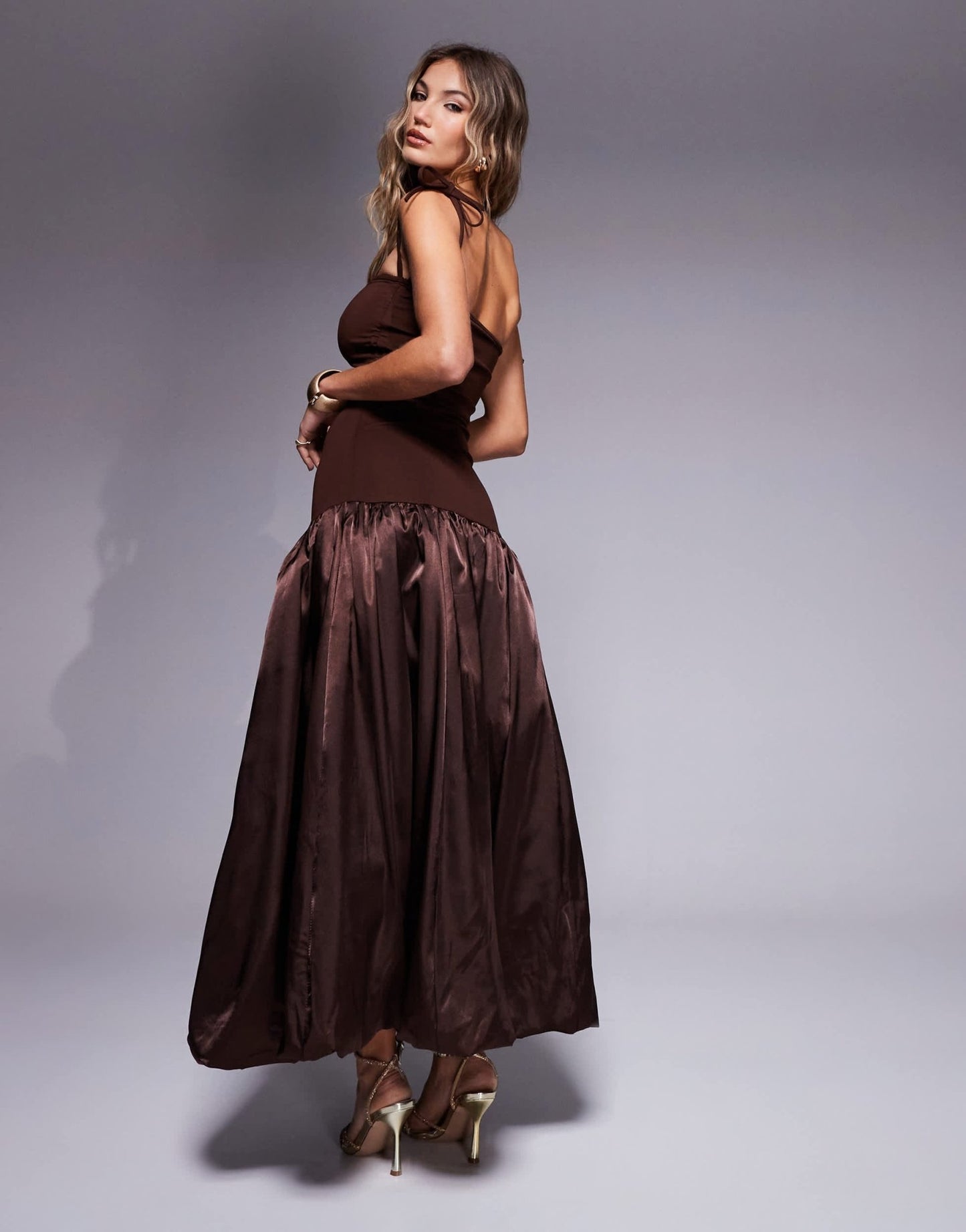 Amy Lynn Alexa tie shoulder satin puffball midi dress in chocolate - ASOS Sample Sale