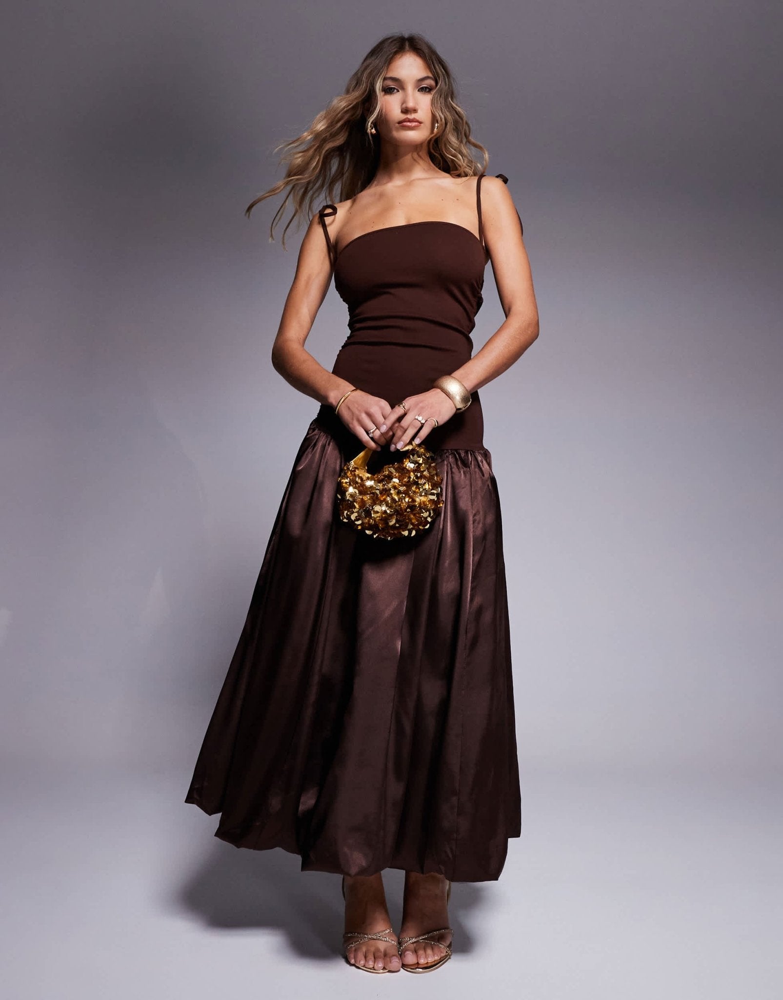 Amy Lynn Alexa tie shoulder satin puffball midi dress in chocolate - ASOS Sample Sale