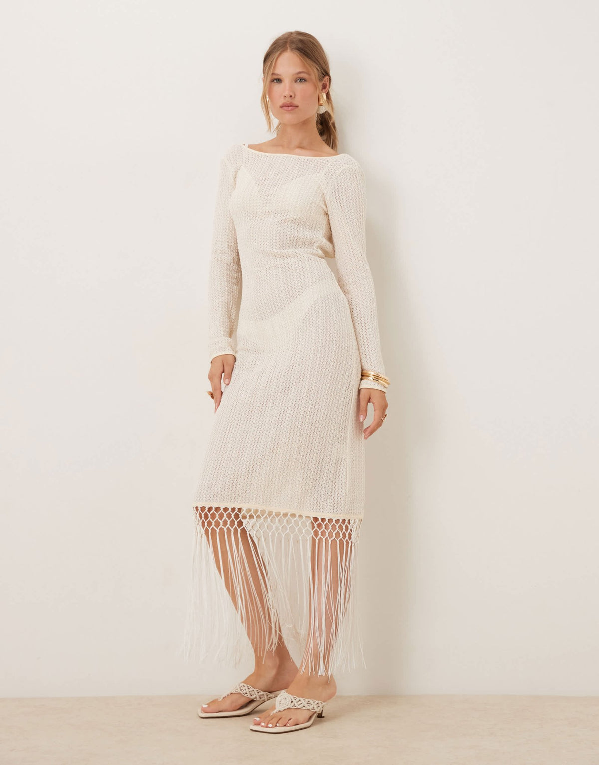 Amy Lynn backless crochet midi dress with fringe trim in cream - ASOS Sample Sale