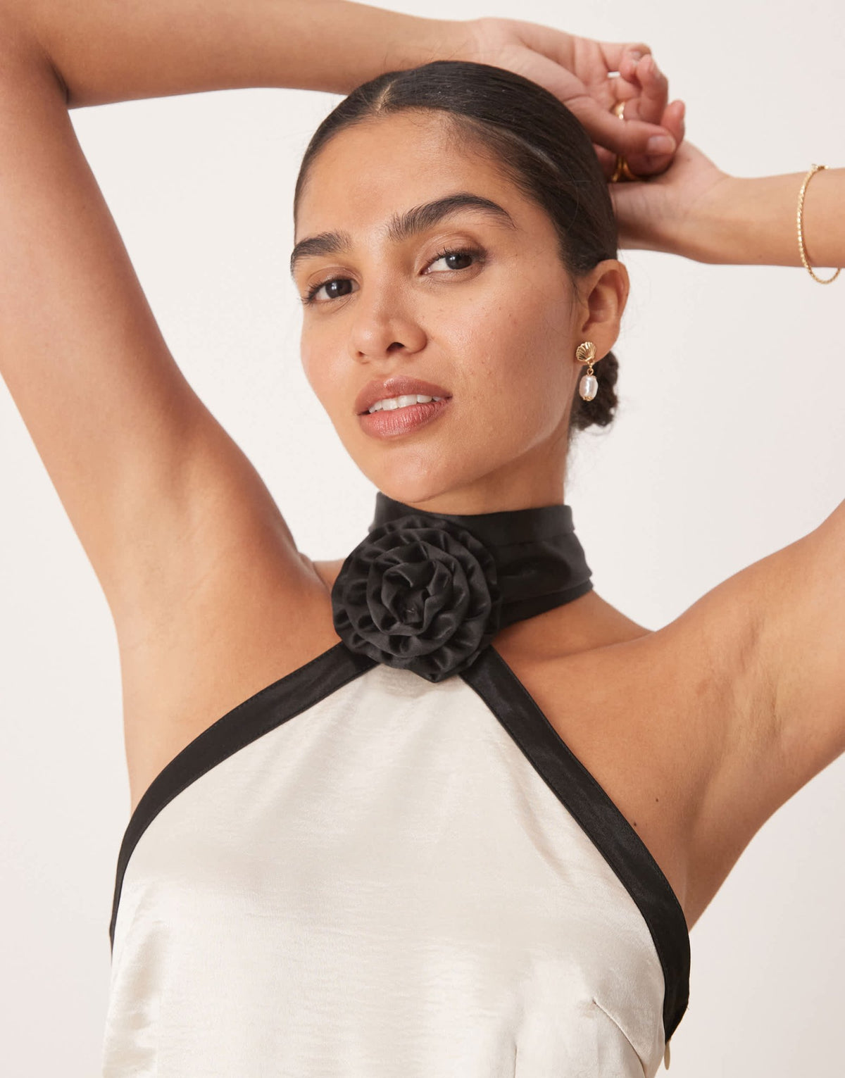 Amy Lynn contrast halter neck satin mini dress in soft gold and black - ASOS Sample Sale