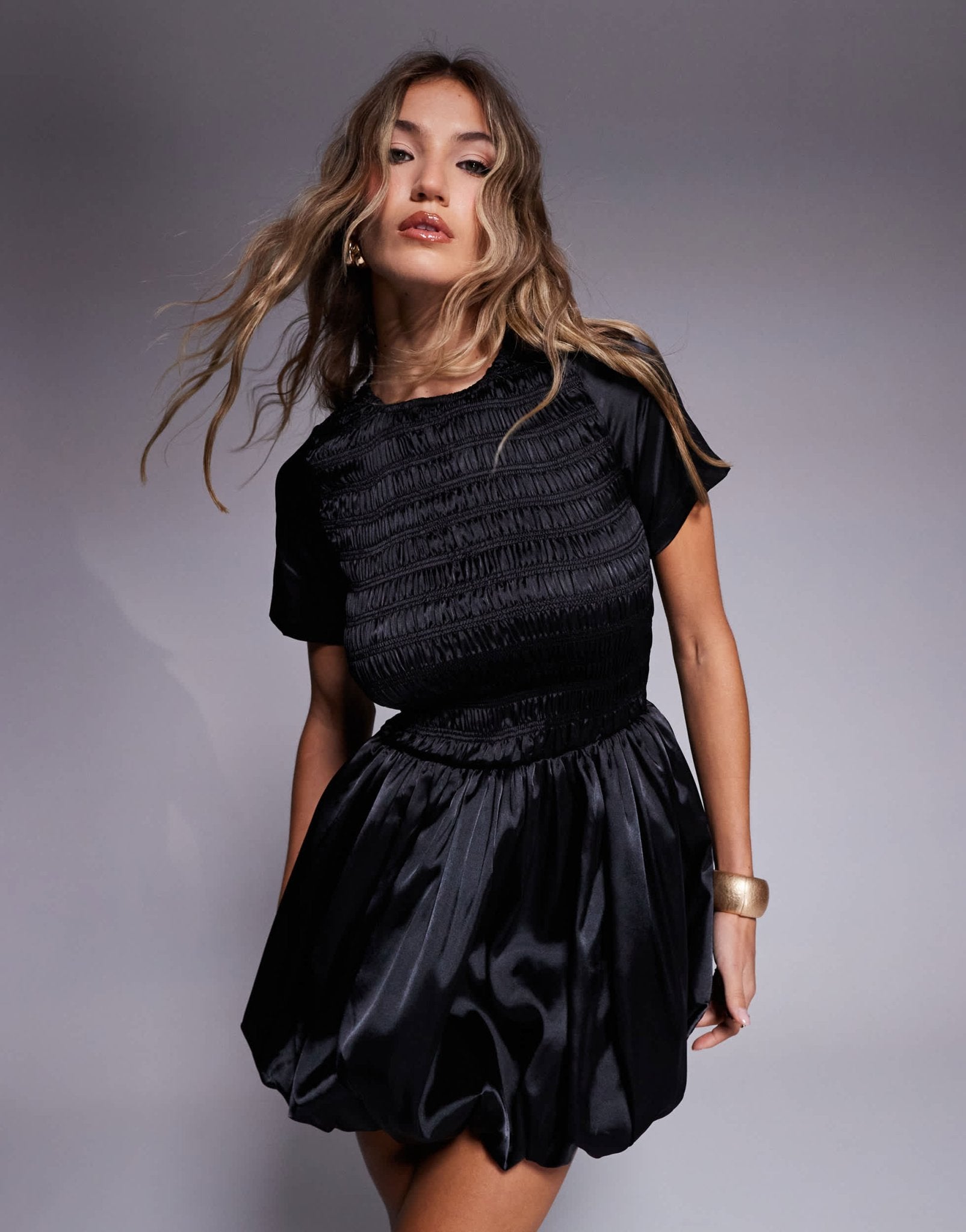 Amy Lynn Elenor shirred short sleeve puffball ultra mini dress in black satin - ASOS Sample Sale