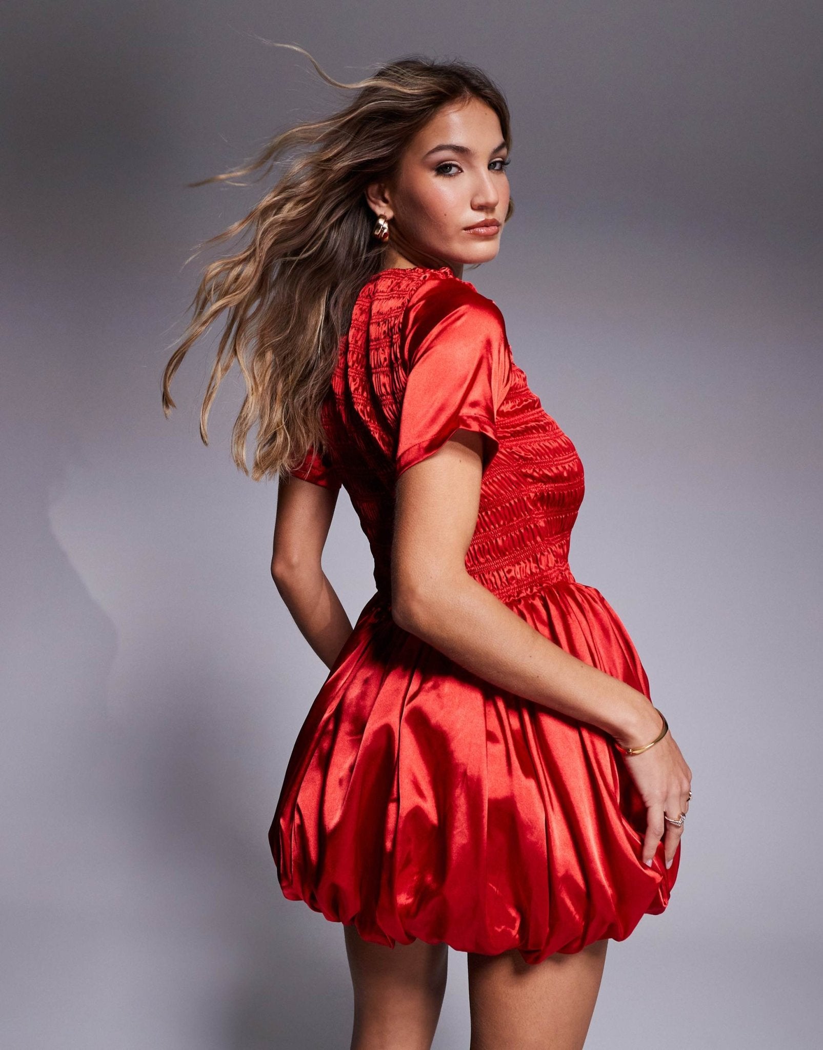 Amy Lynn Elenor shirred short sleeve puffball ultra mini dress in red - ASOS Sample Sale
