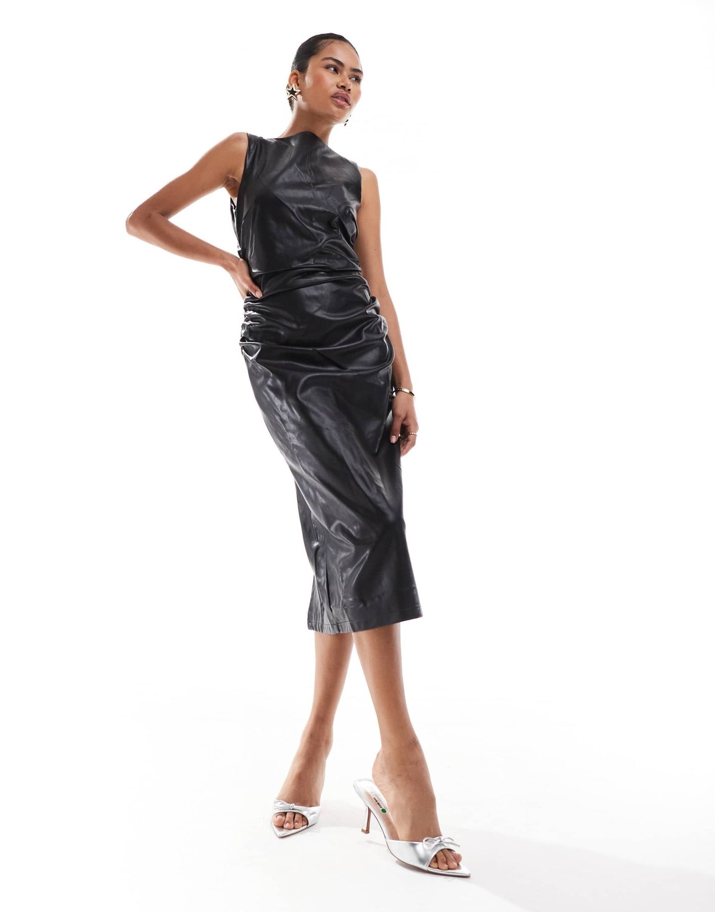 Amy Lynn faux leather slash neck midi dress with back split in black - ASOS Sample Sale