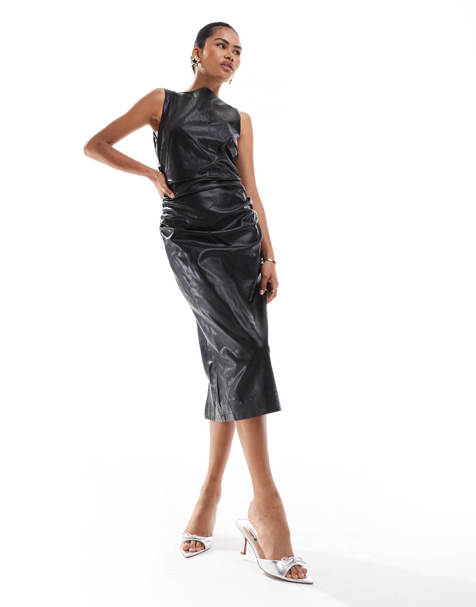Amy Lynn faux leather slash neck midi dress with back split in black - ASOS Sample Sale