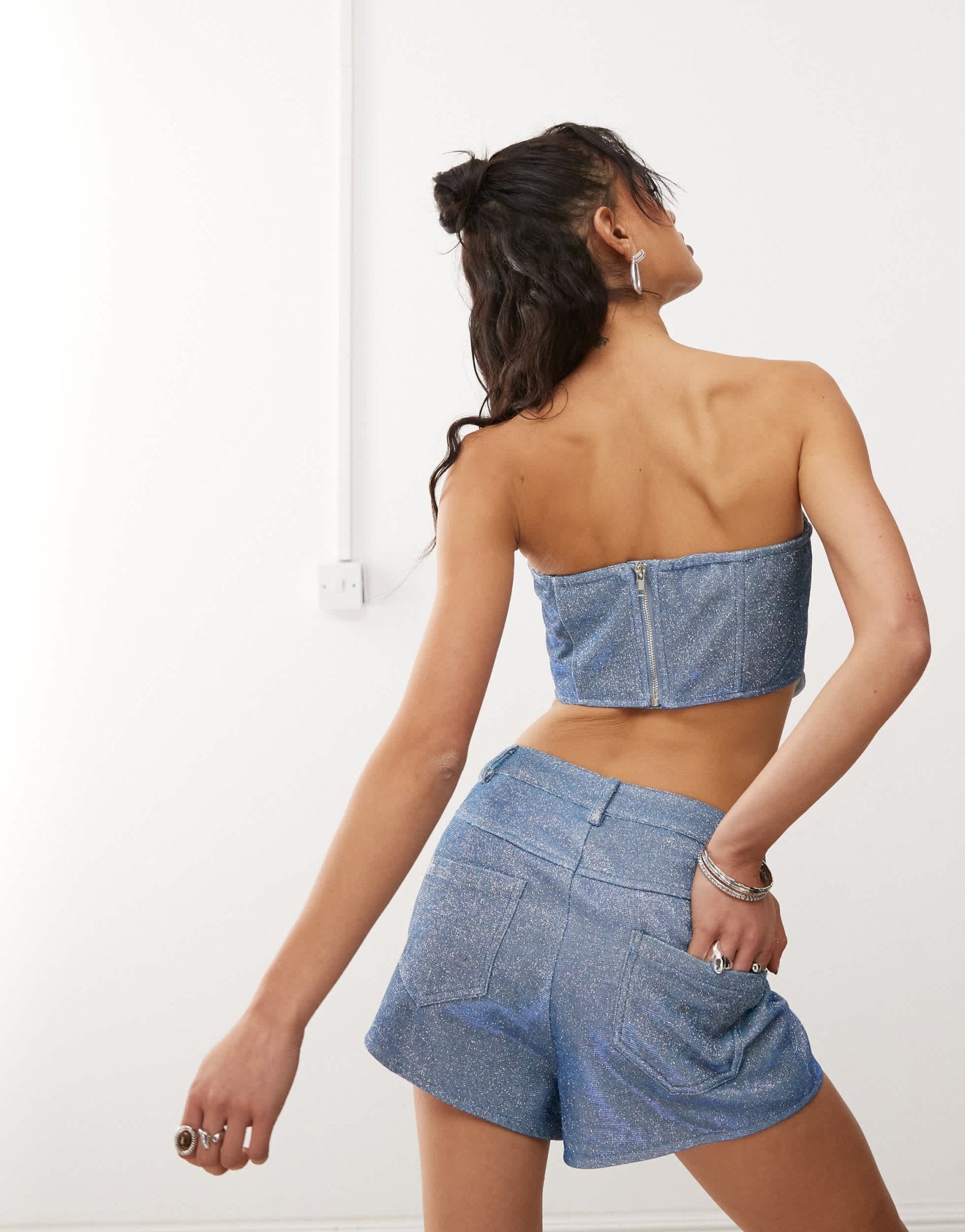 Amy Lynn high shine metallic high waisted hotpants co - ord in blue - ASOS Sample Sale