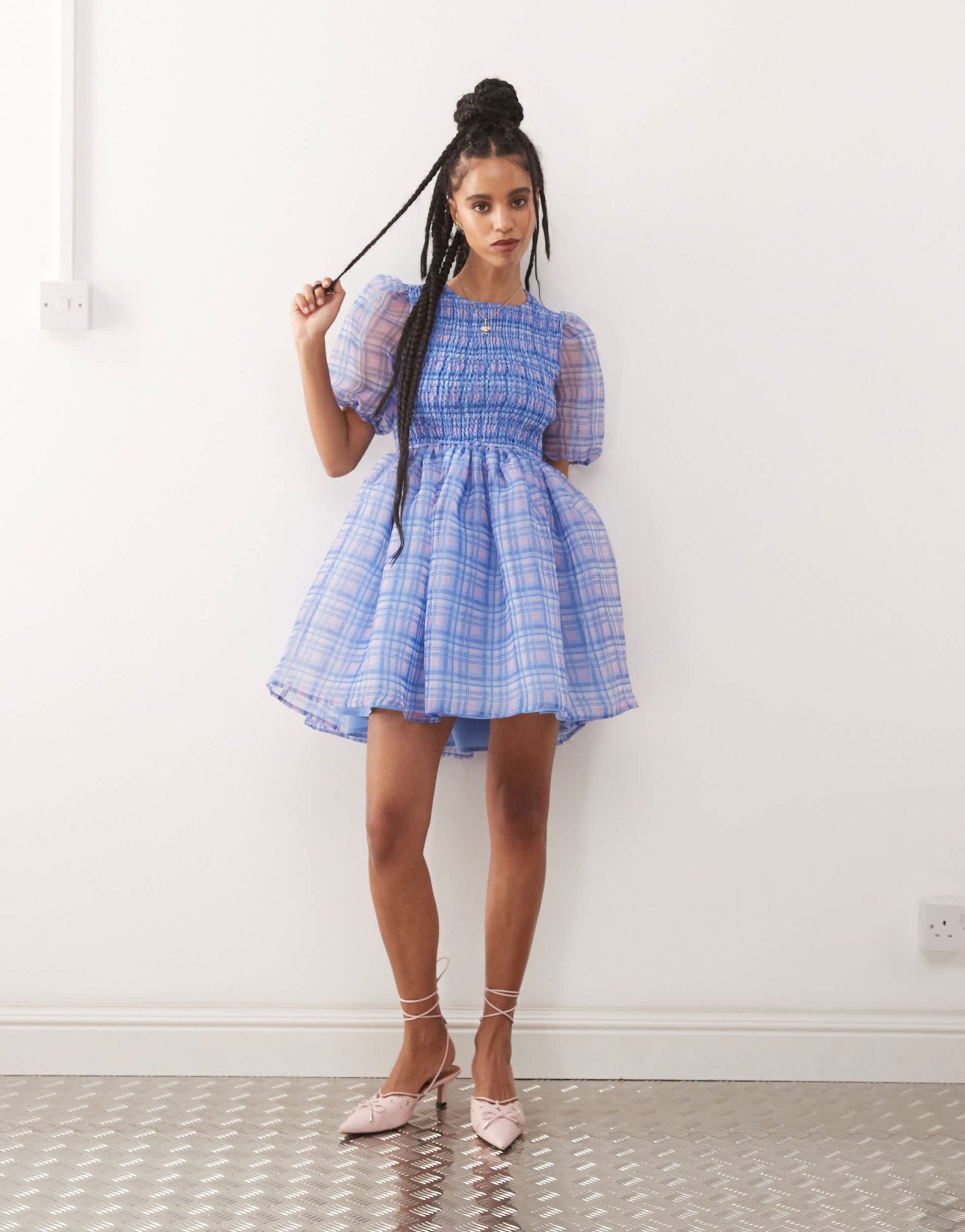 Amy Lynn organza puffball mini dress with cut out back in purple check - ASOS Sample Sale