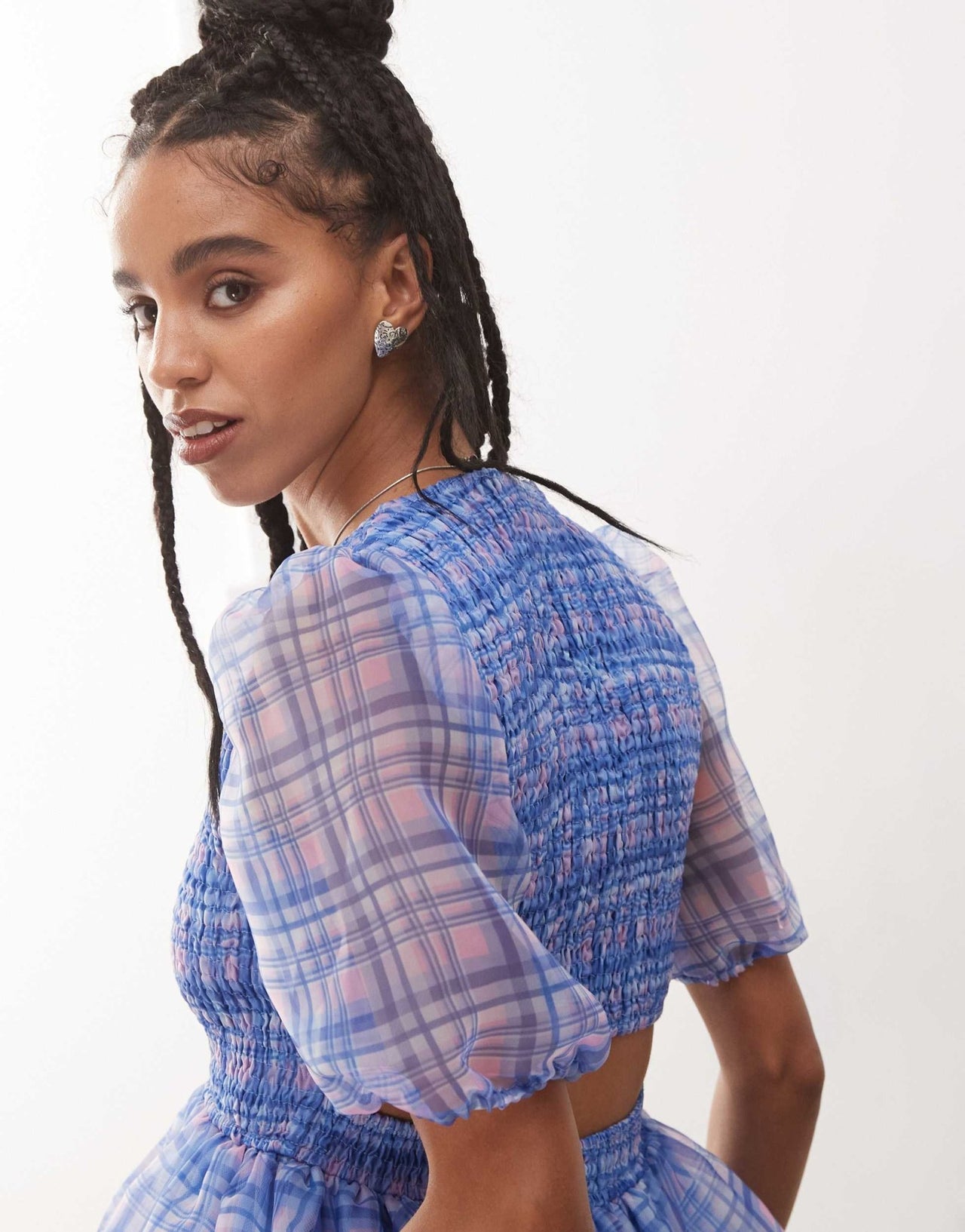 Amy Lynn organza puffball mini dress with cut out back in purple check - ASOS Sample Sale