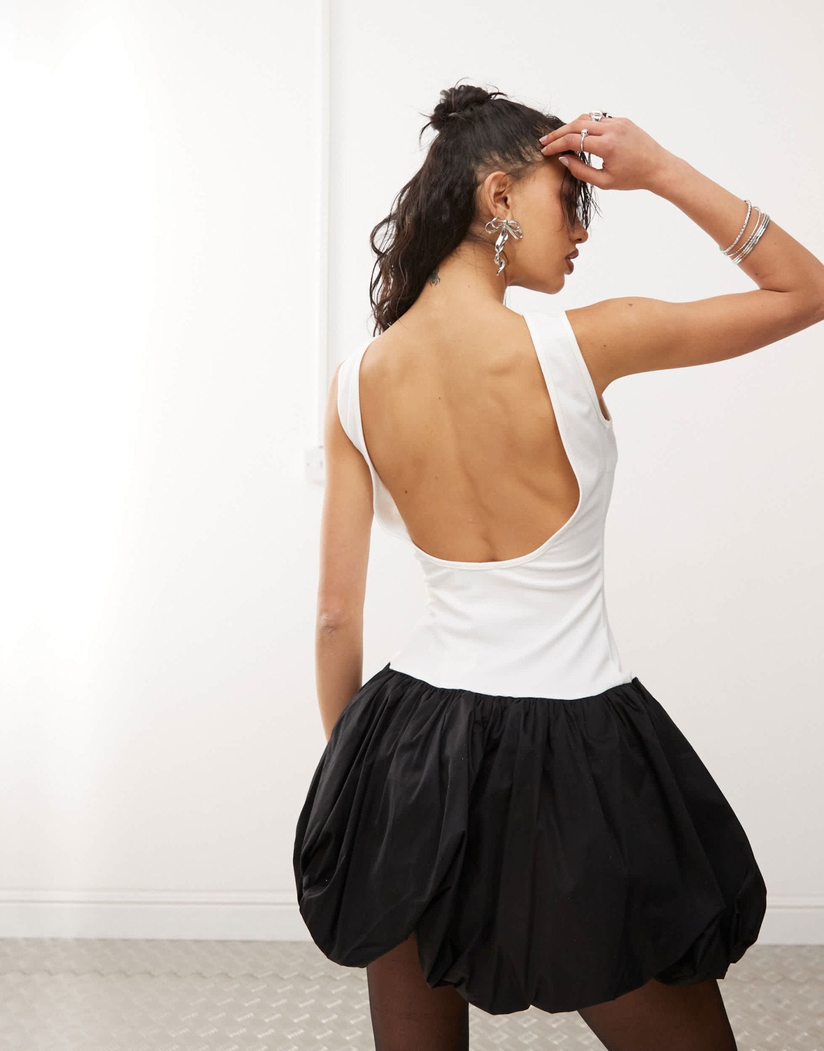 Amy Lynn scoop back puffball mini dress in black and white contrast - ASOS Sample Sale