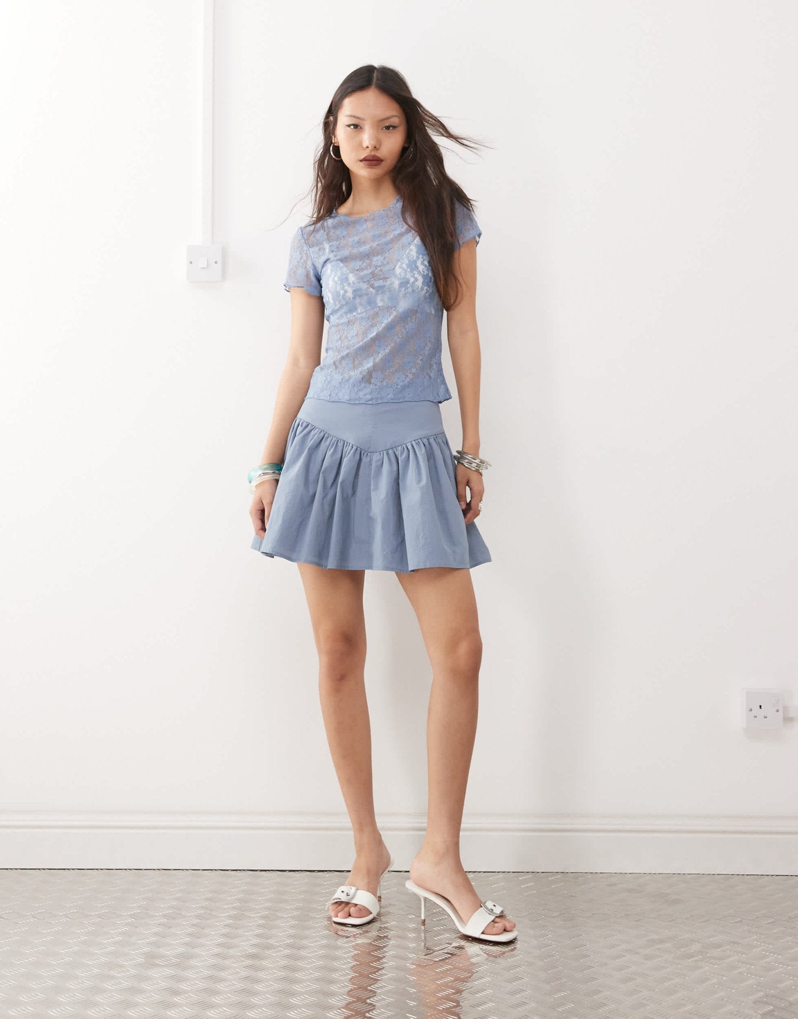 Amy Lynn sheer lace floral tee in dusty blue - ASOS Sample Sale