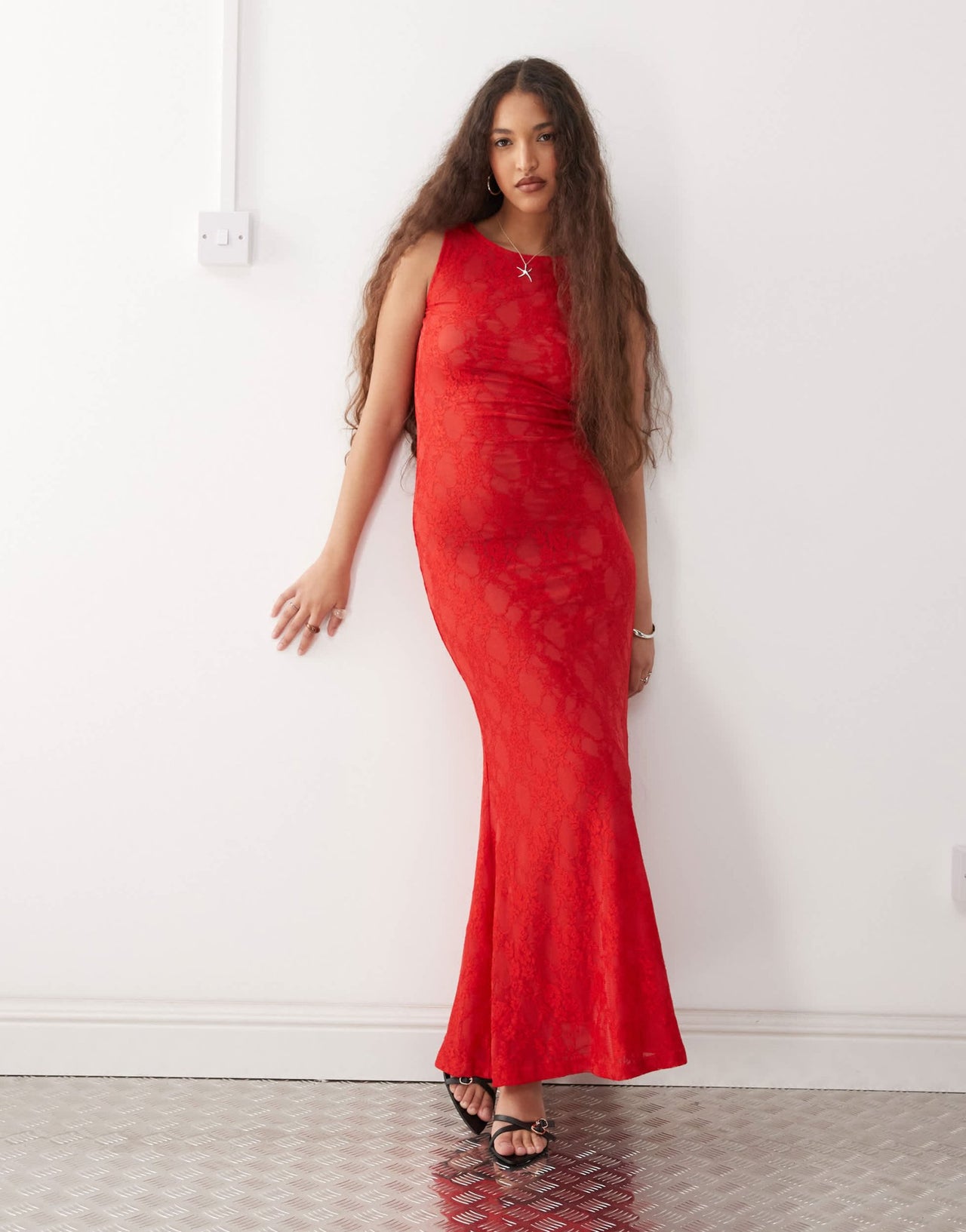 Amy Lynn sheer lace slip maxi dress in red - ASOS Sample Sale