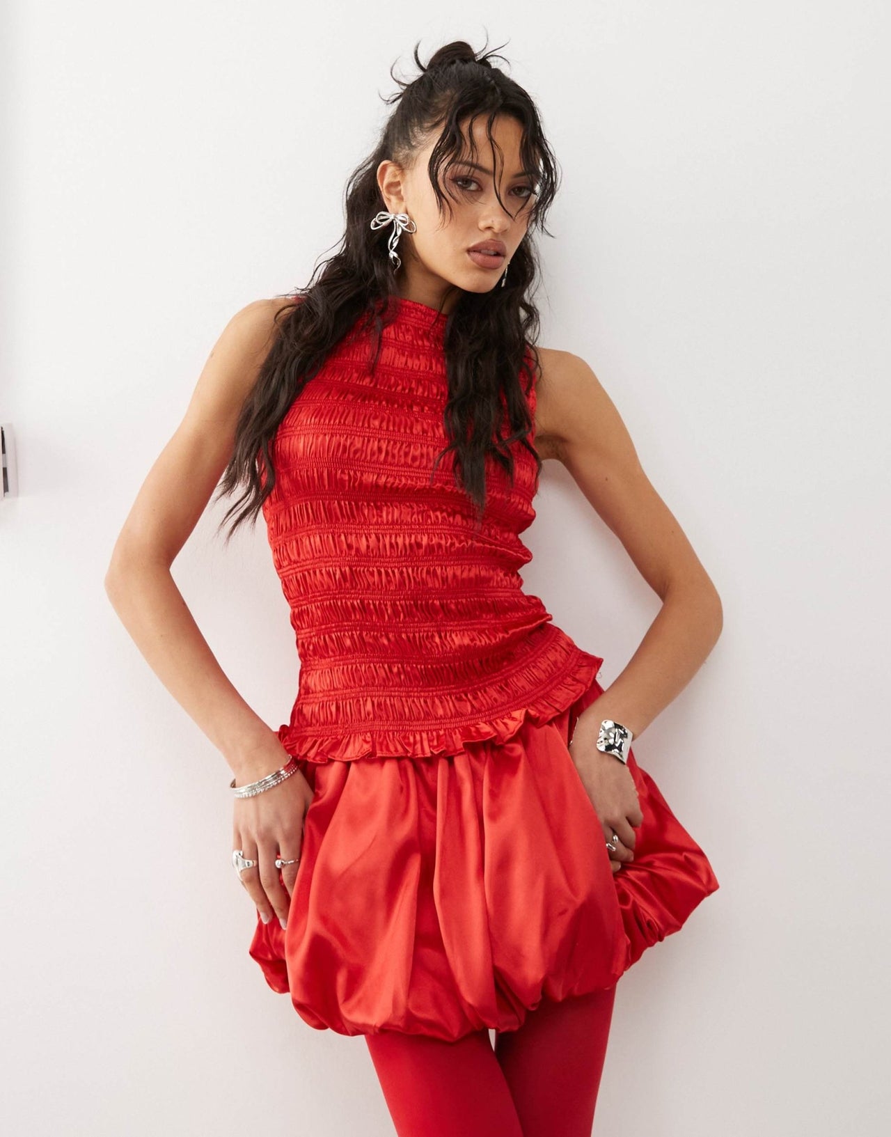 Amy Lynn Sonya shirred slash neck top co - ord in satin in red - ASOS Sample Sale