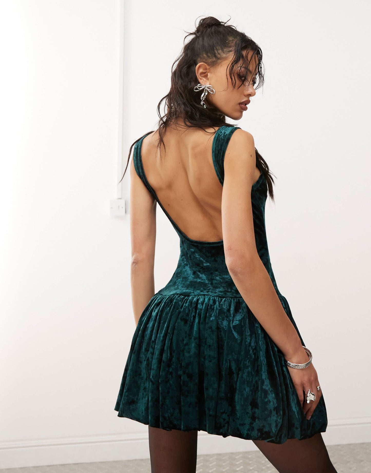 Amy Lynn velvet scoop back puffball mini dress in emerald green - ASOS Sample Sale