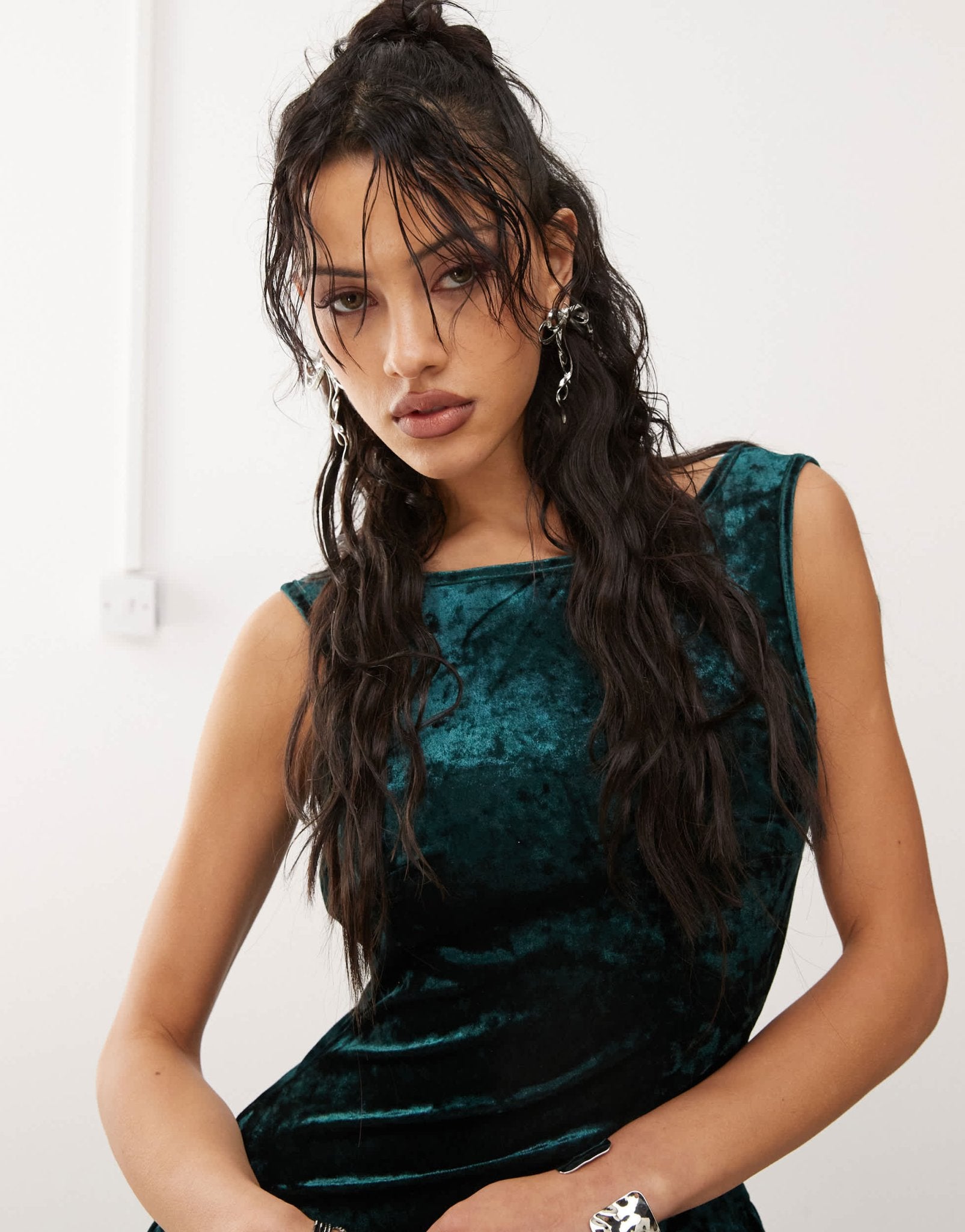 Amy Lynn velvet scoop back puffball mini dress in emerald green - ASOS Sample Sale
