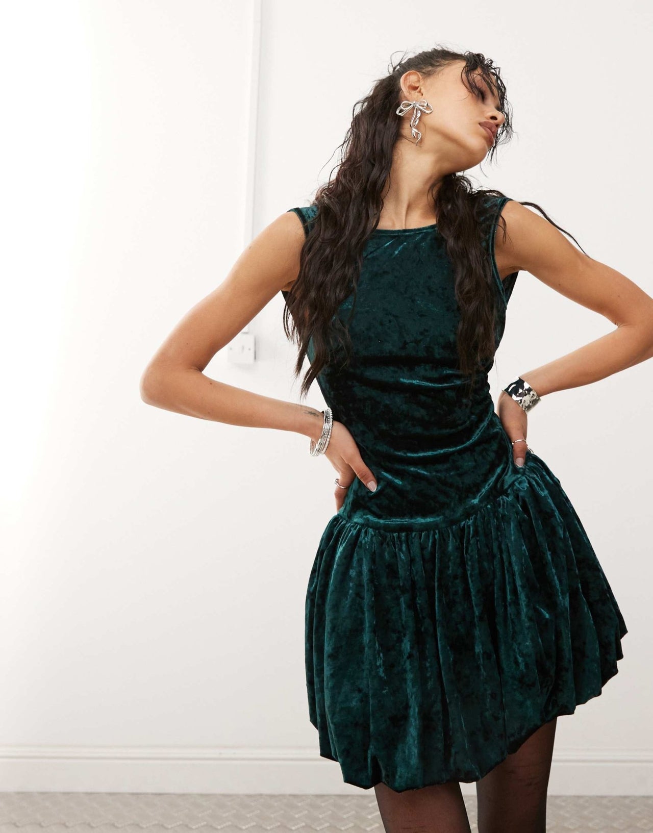 Amy Lynn velvet scoop back puffball mini dress in emerald green - ASOS Sample Sale
