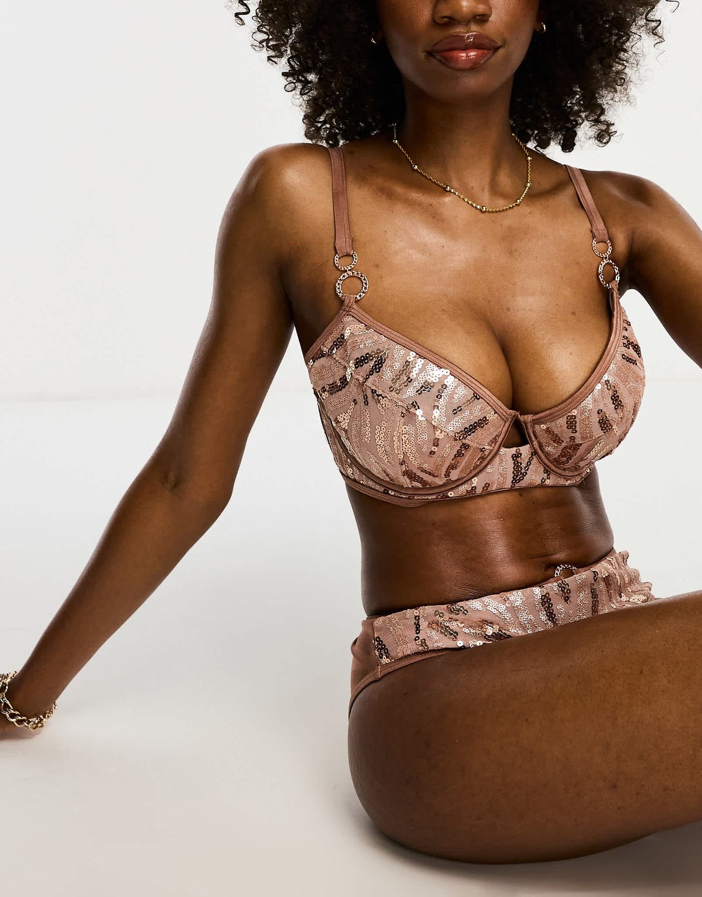 Ann Summers gold coast fullerbust cupped bikini top in rose gold sequin - ASOS Sample Sale