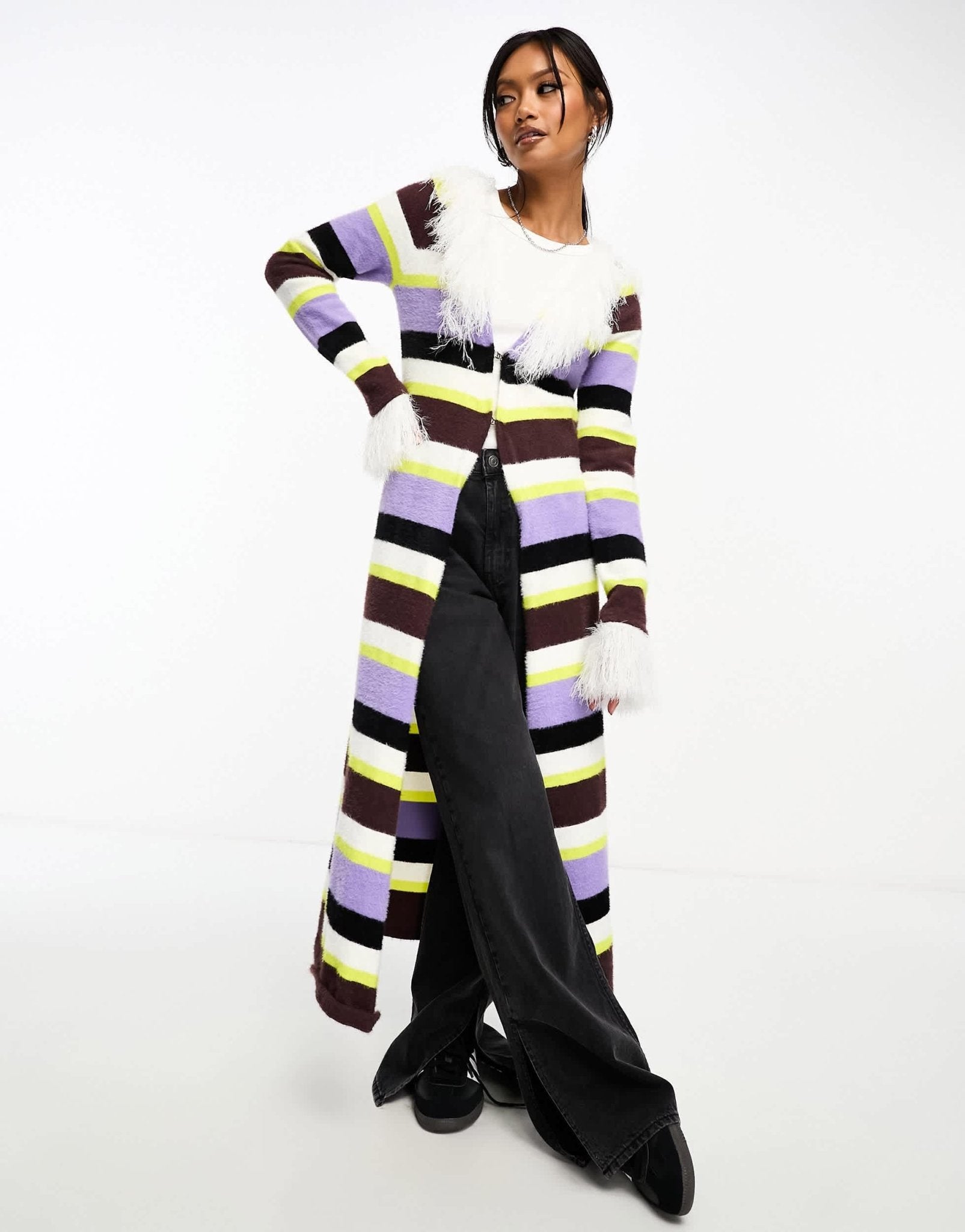Annorlunda faux fur edged stripe longline cardigan in multi - ASOS Sample Sale