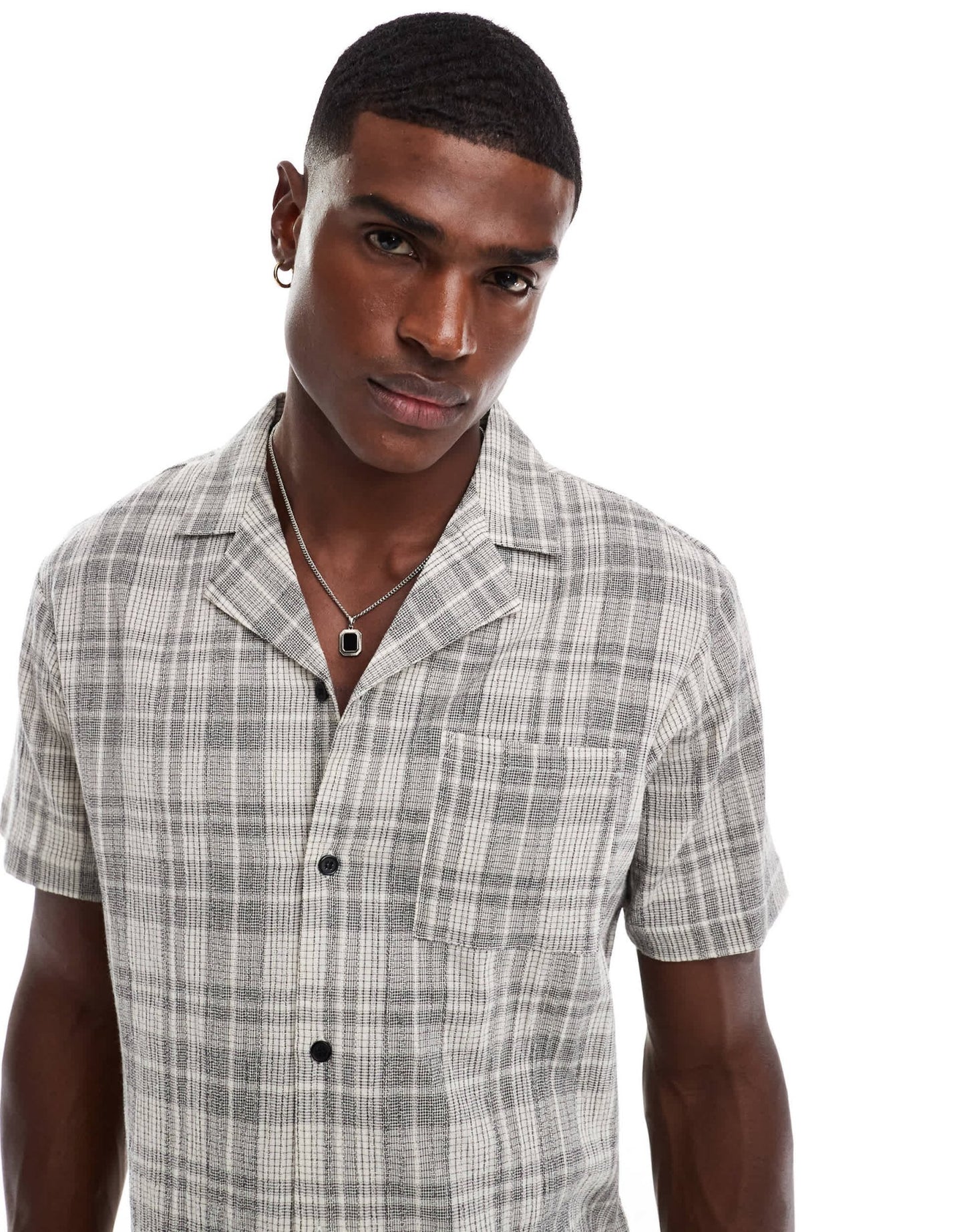 Another Influence check revere collar short sleeve shirt in black and cream - ASOS Sample Sale