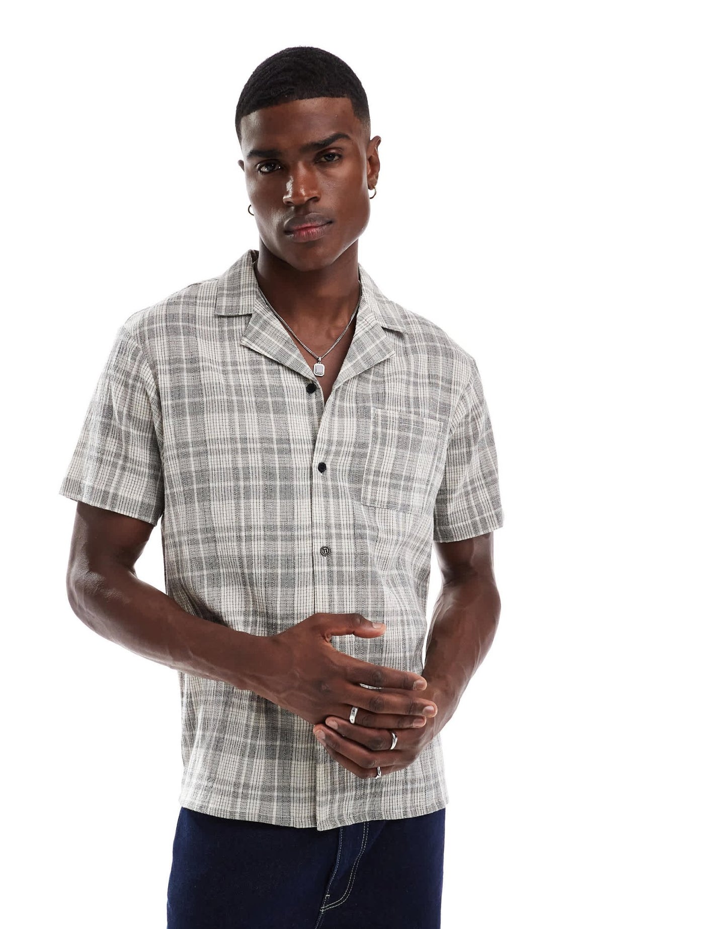 Another Influence check revere collar short sleeve shirt in black and cream - ASOS Sample Sale