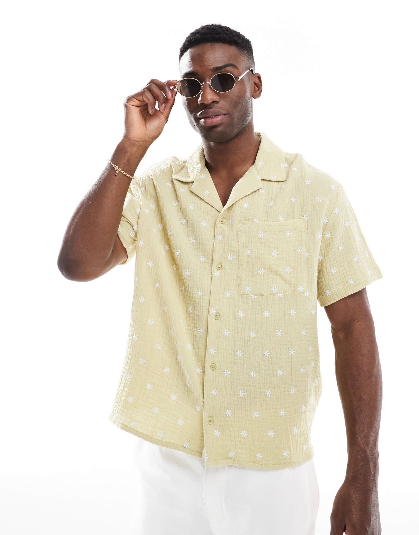 Another Influence embroidered double gauze boxy shirt in sage green - ASOS Sample Sale