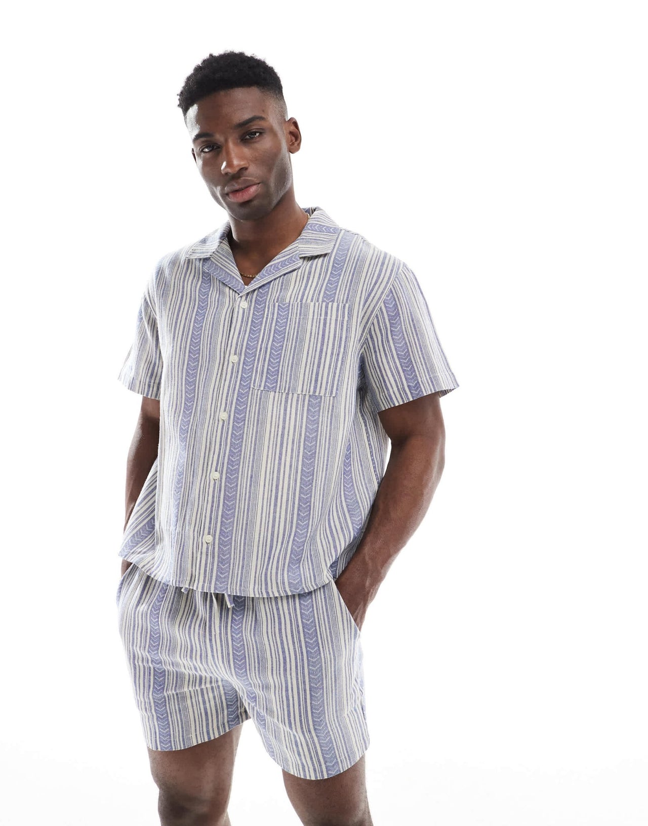 Another Influence jacquard revere collar shirt co-ord in blue - ASOS Sample Sale