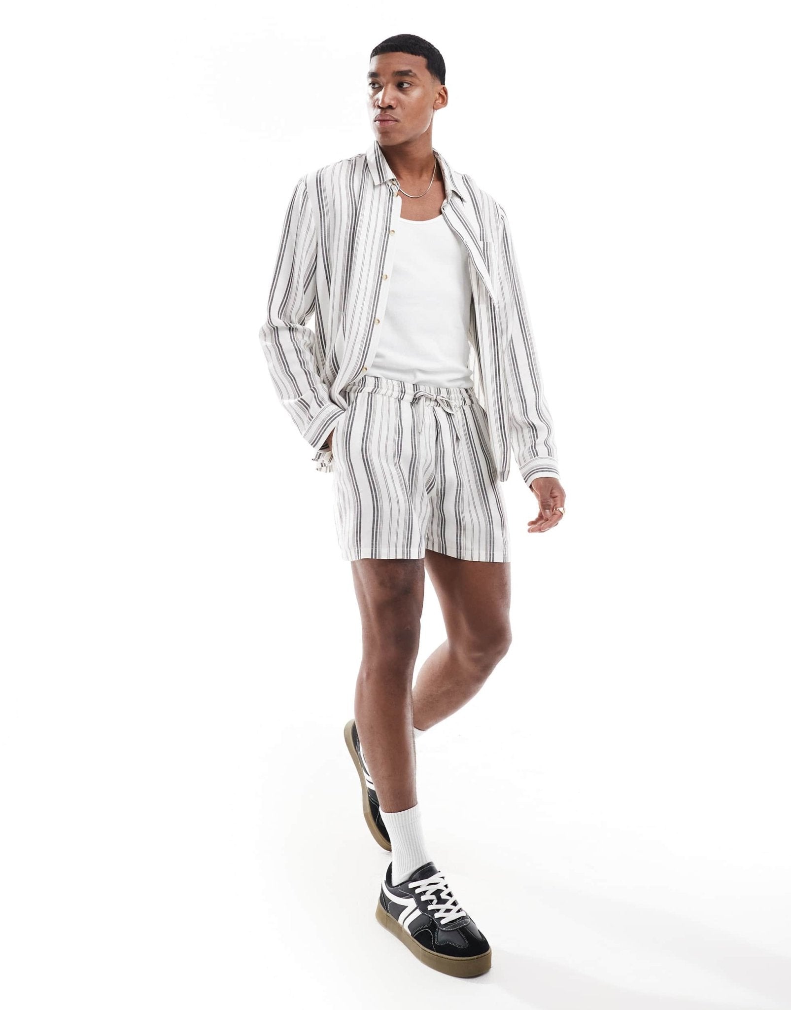 Another Influence tie - waist striped short co - ord in charcoal and white - ASOS Sample Sale