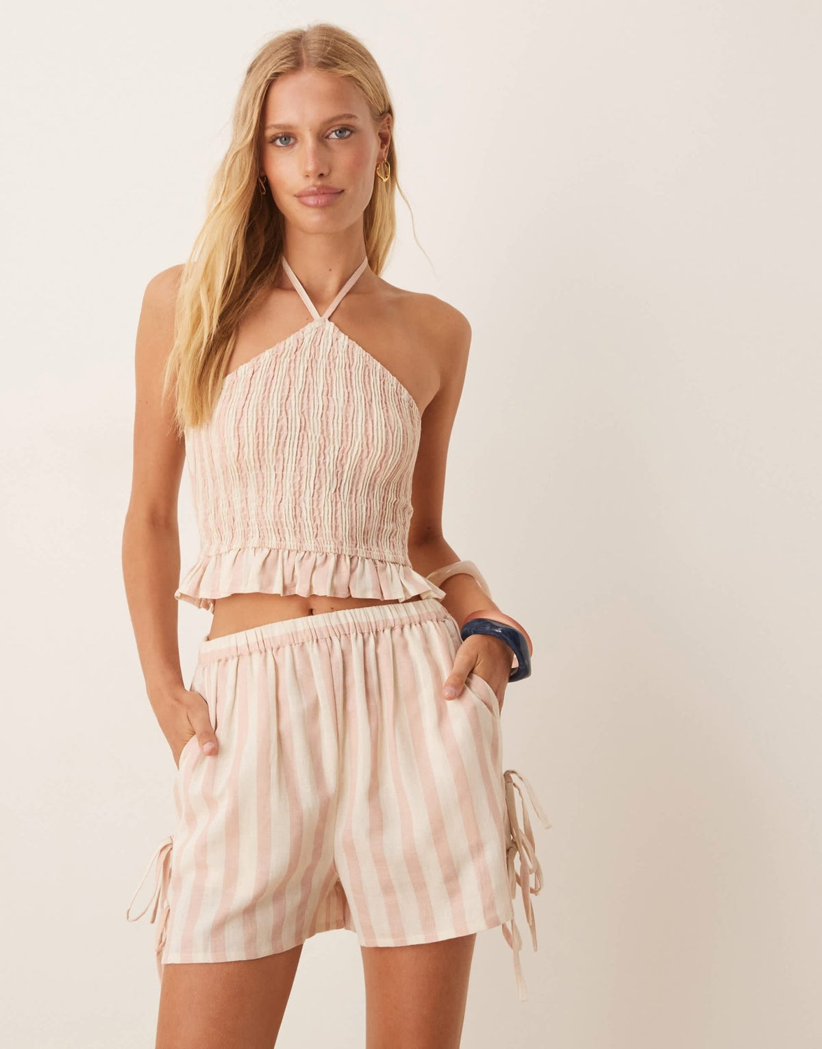 Aray stripe beach short co-ord with bow detail in pink and white - ASOS Sample Sale