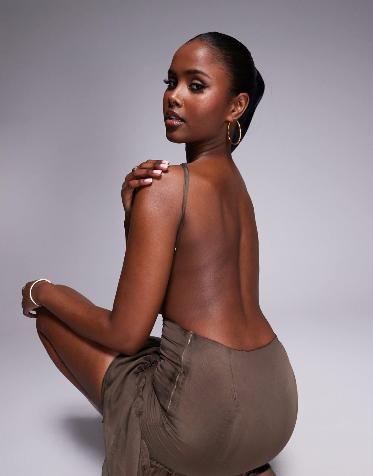 Aria Cove chiffon halterneck cut out ruffle hem open back mini dress in brown - ASOS Sample Sale