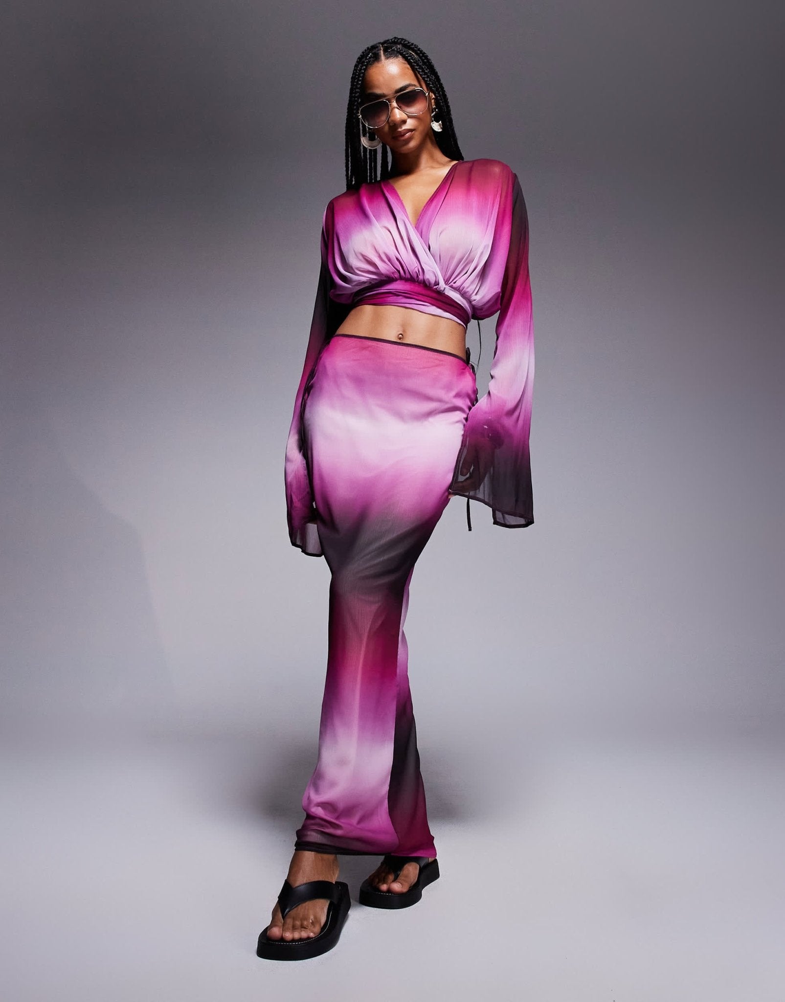 Aria Cove chiffon maxi tie side beach skirt co - ord in purple ombre - ASOS Sample Sale