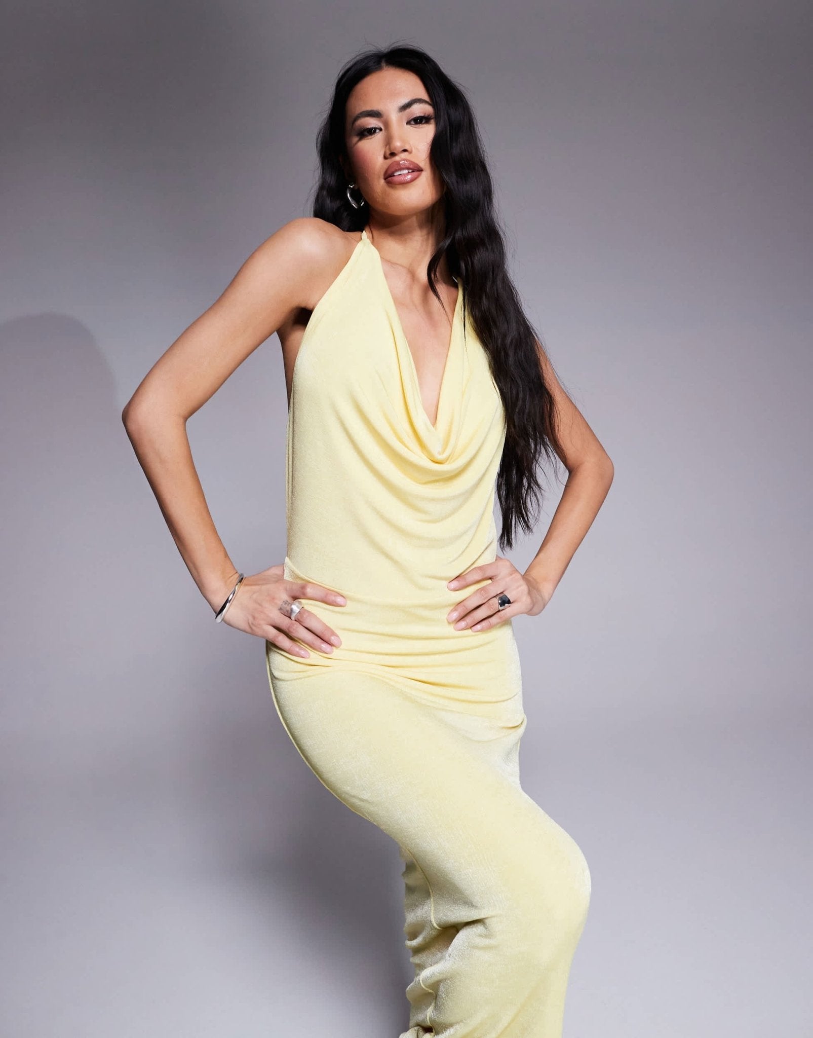 Aria Cove double layered slinky deep cowl neck open tie back maxi dress in yellow - ASOS Sample Sale