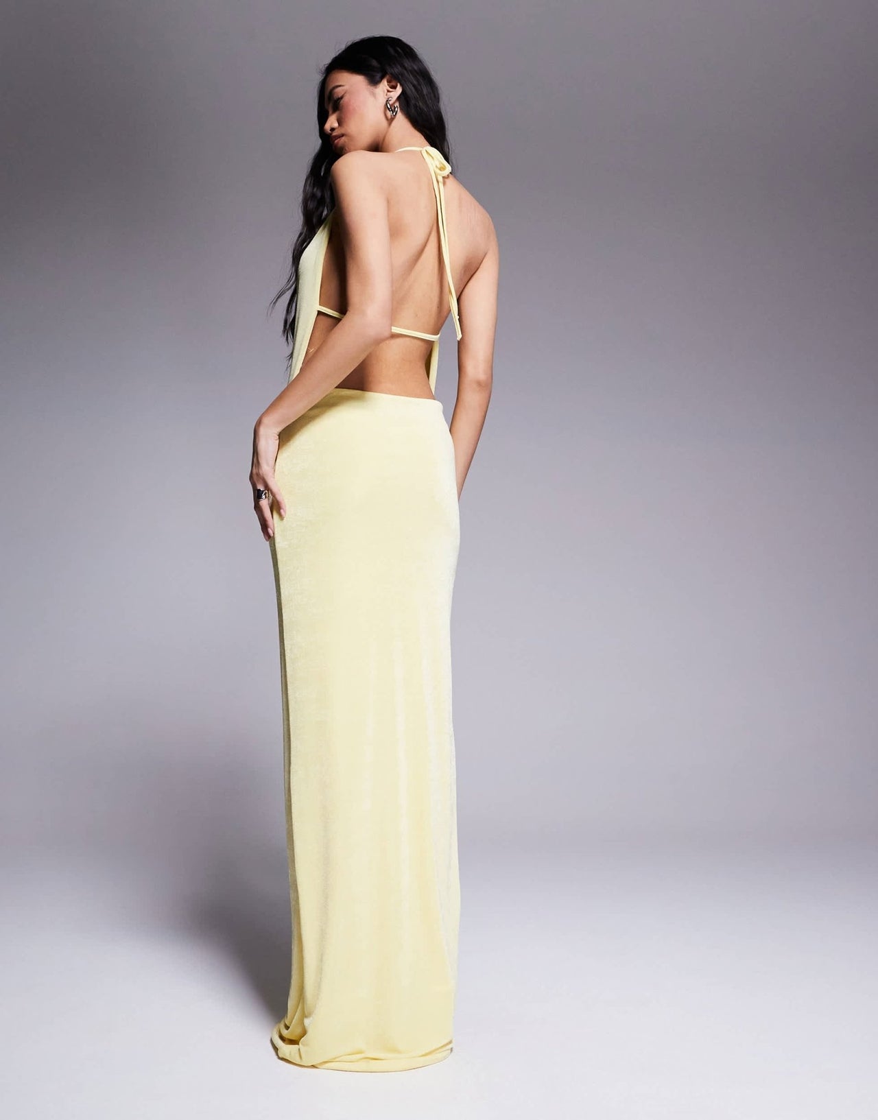 Aria Cove double layered slinky deep cowl neck open tie back maxi dress in yellow - ASOS Sample Sale