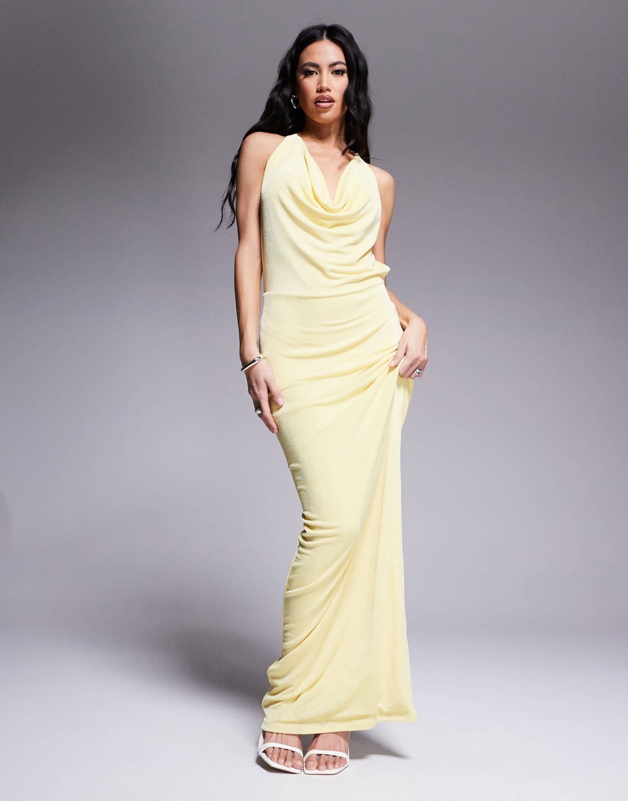 Aria Cove double layered slinky deep cowl neck open tie back maxi dress in yellow - ASOS Sample Sale