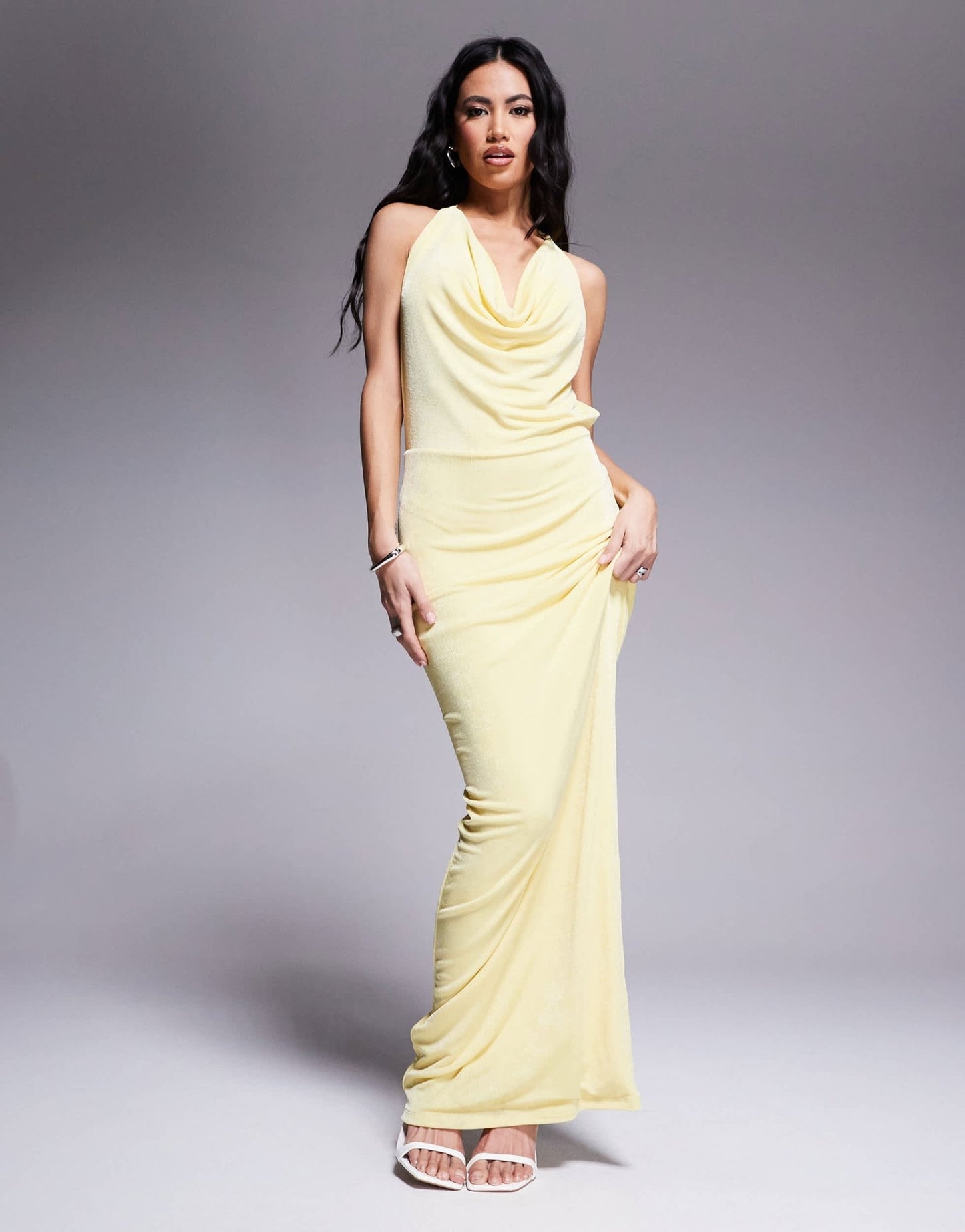 Aria Cove double layered slinky deep cowl neck open tie back maxi dress in yellow - ASOS Sample Sale