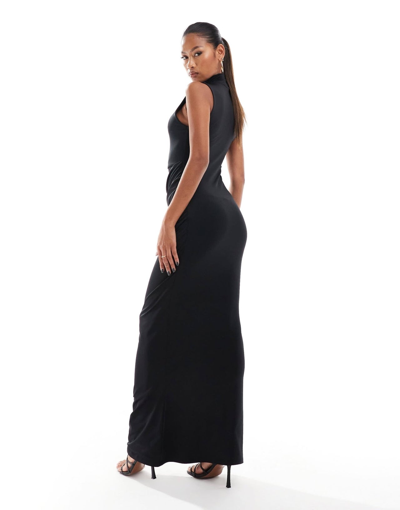 Aria Cove double layered slinky high neck ruched detail maxi dress in black - ASOS Sample Sale