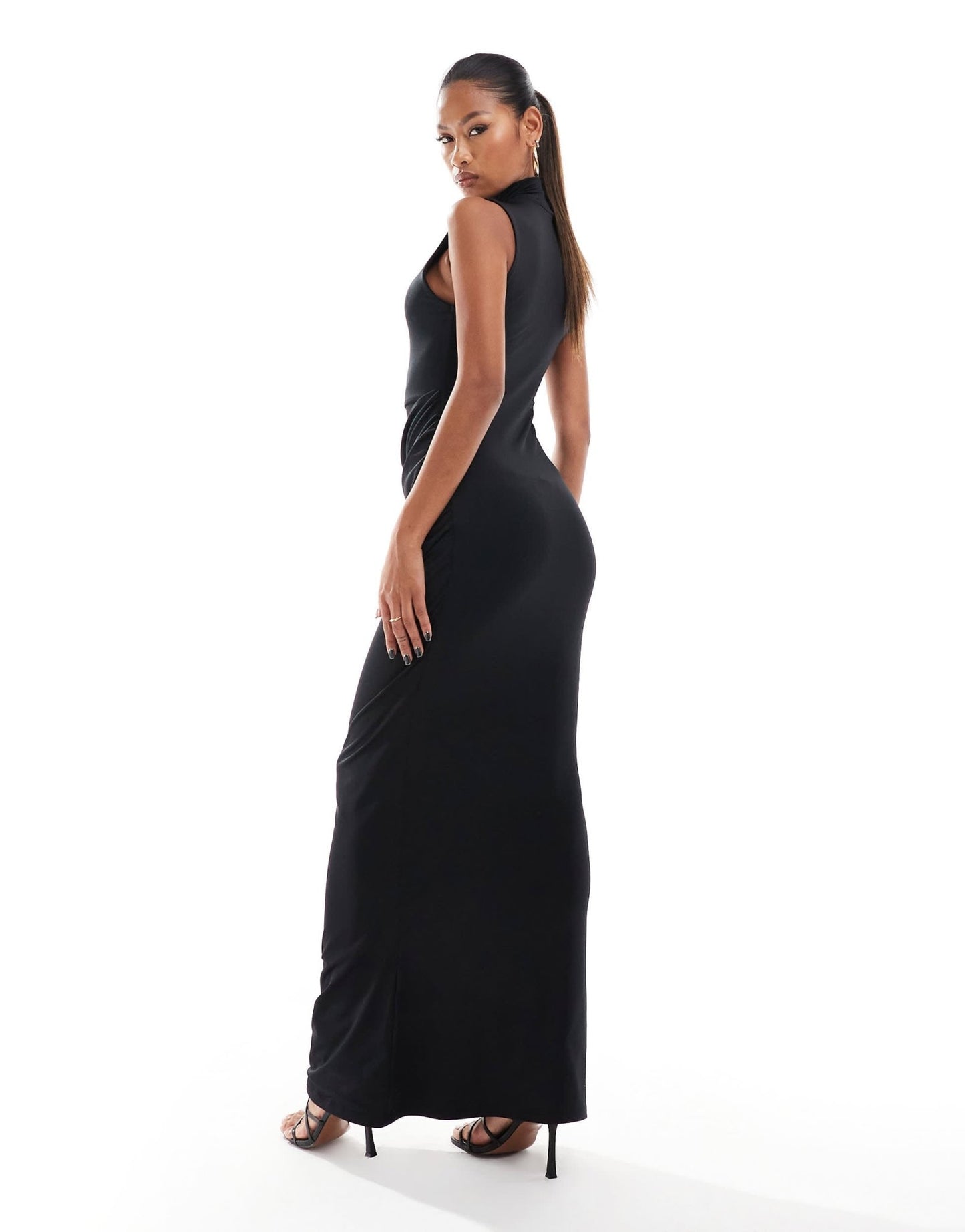 Aria Cove double layered slinky high neck ruched detail maxi dress in black - ASOS Sample Sale