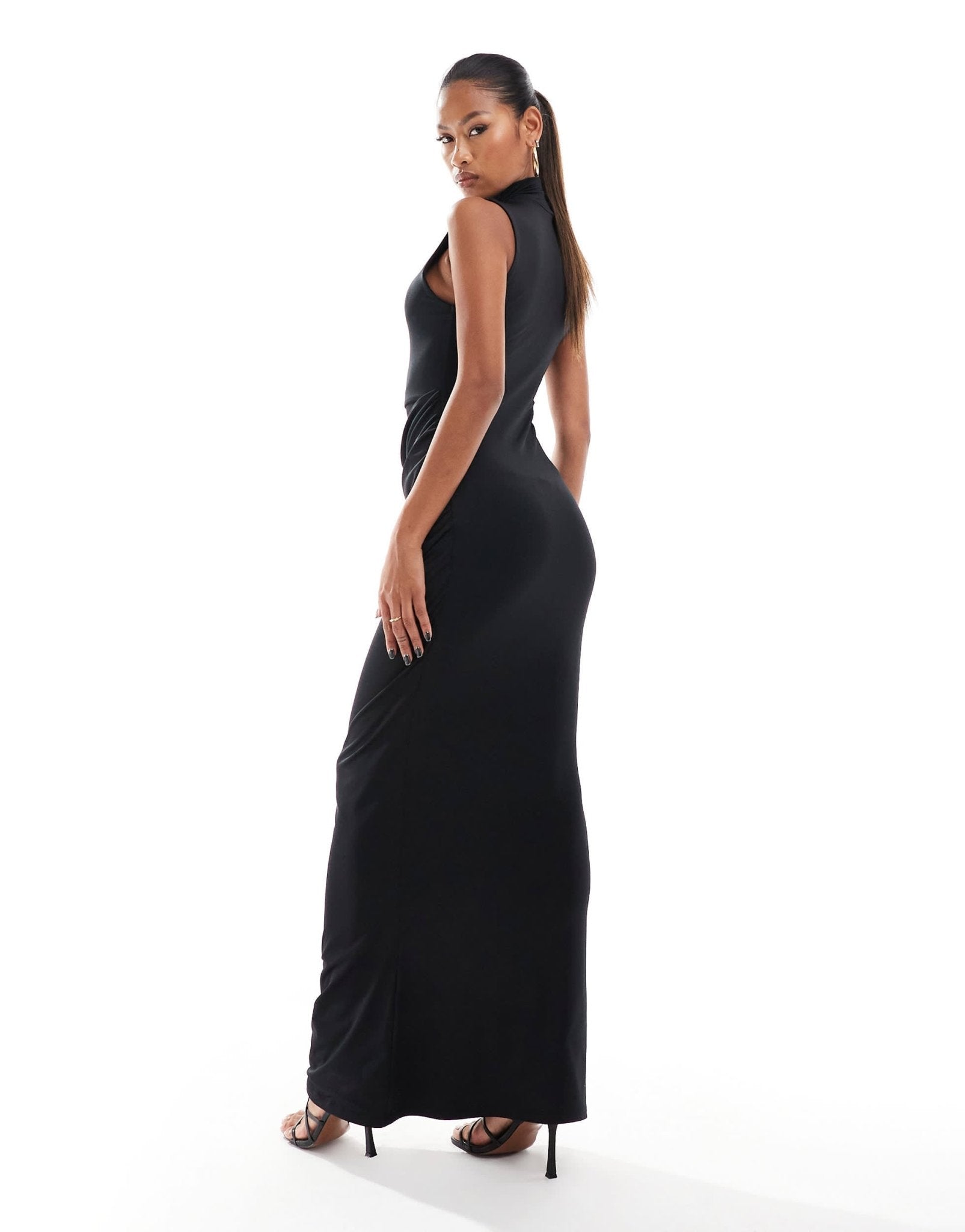 Aria Cove double layered slinky high neck ruched detail maxi dress in black - ASOS Sample Sale