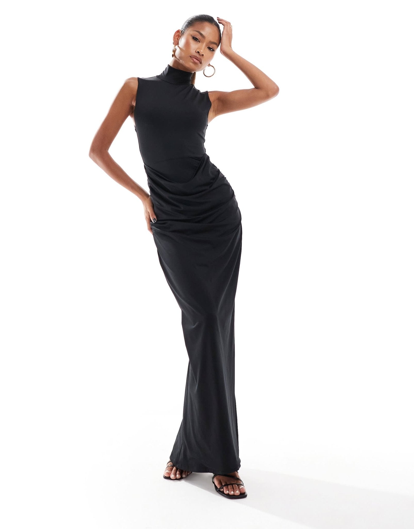 Aria Cove double layered slinky high neck ruched detail maxi dress in black - ASOS Sample Sale