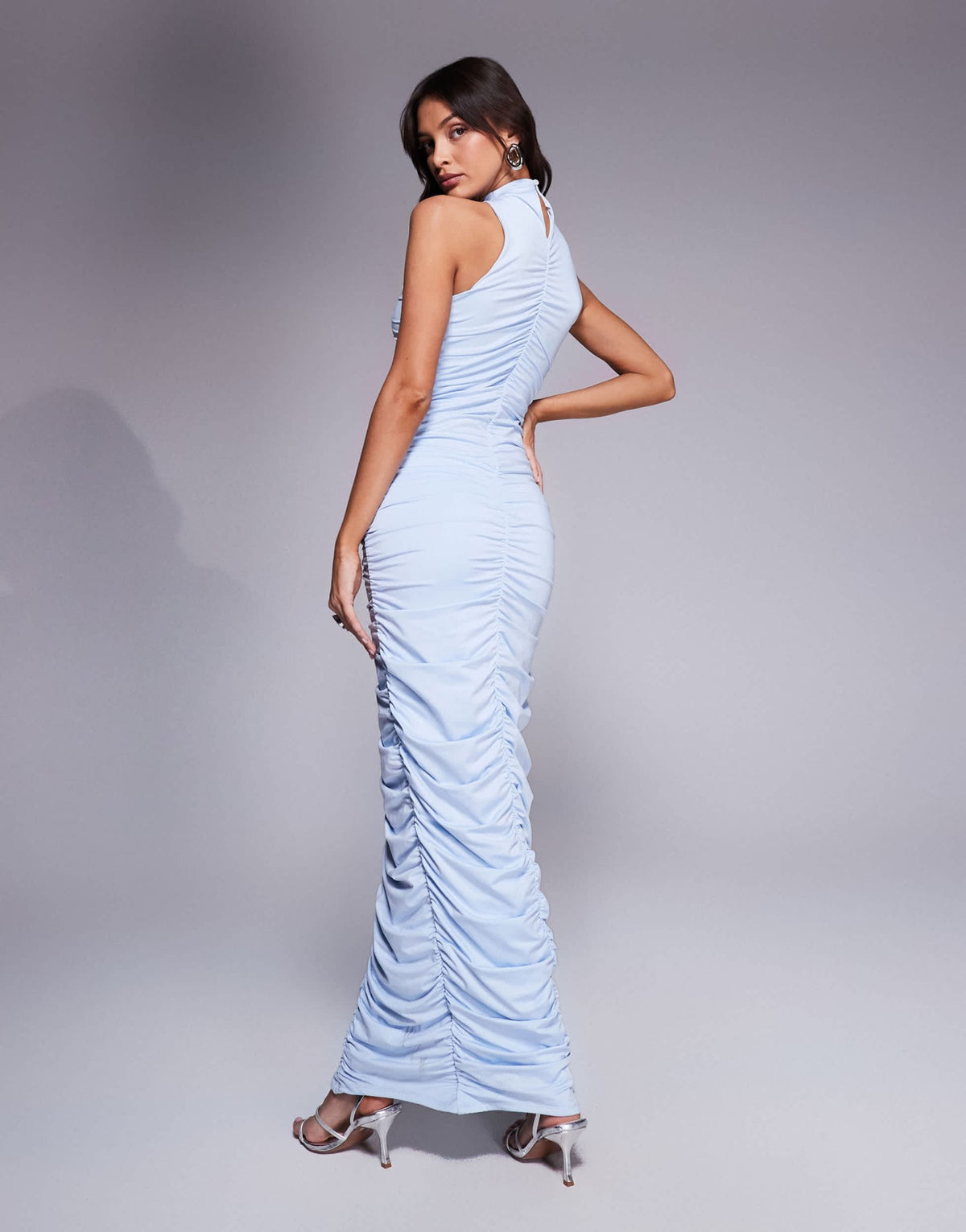 Aria Cove double layered slinky ruched high neck bodycon maxi dress in baby blue - ASOS Sample Sale