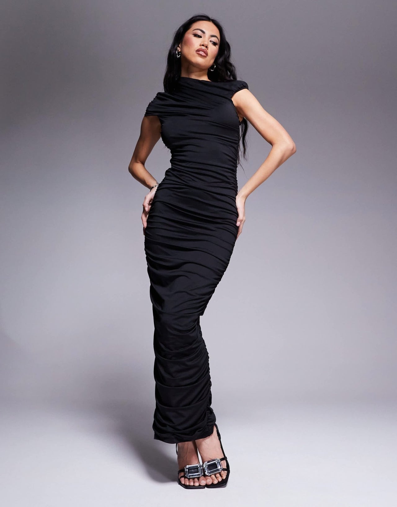 Aria Cove double layered slinky ruched off shoulder maxi dress in black - ASOS Sample Sale