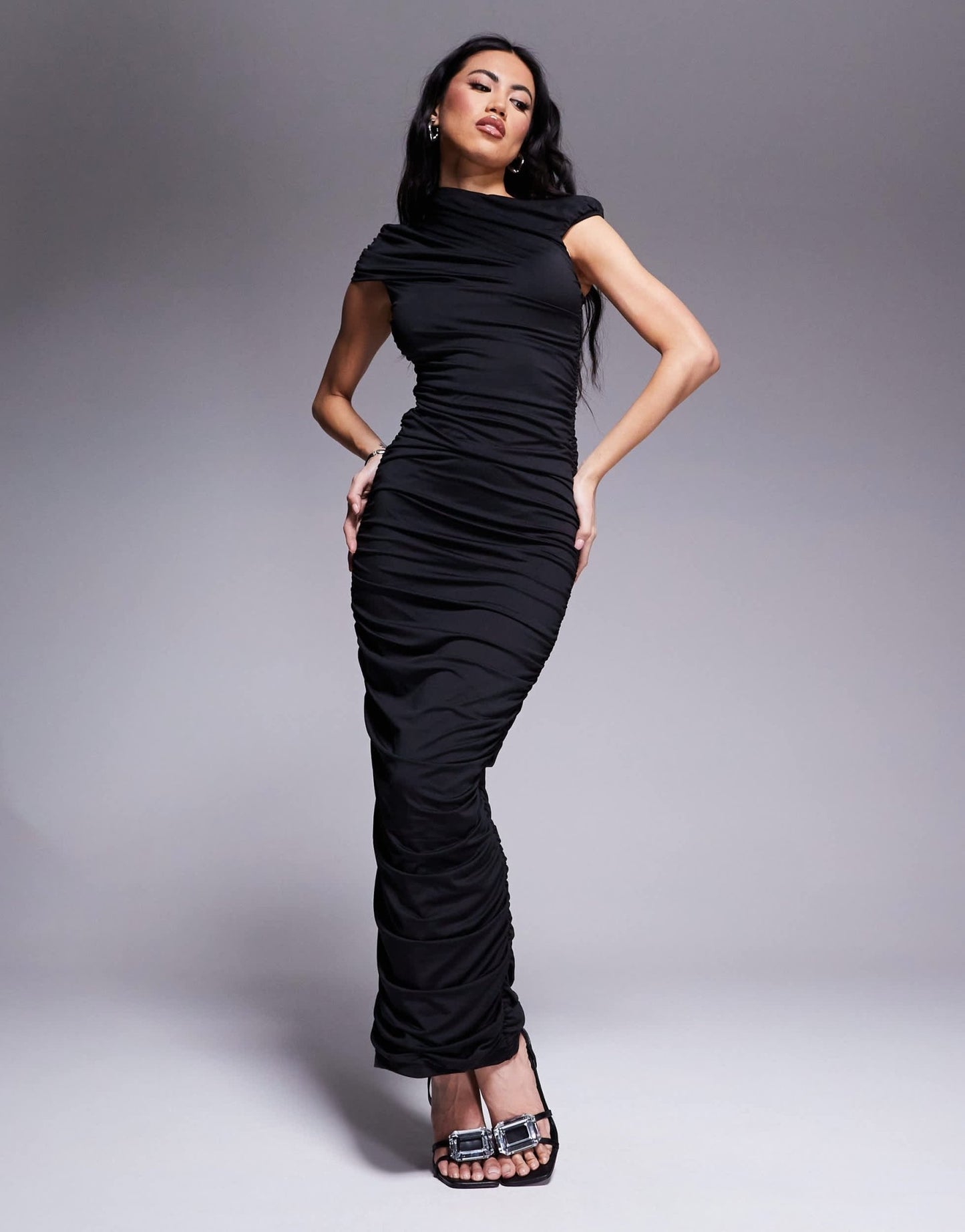 Aria Cove double layered slinky ruched off shoulder maxi dress in black - ASOS Sample Sale