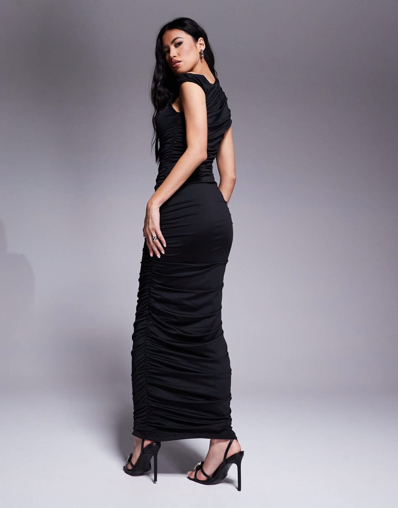 Aria Cove double layered slinky ruched off shoulder maxi dress in black - ASOS Sample Sale