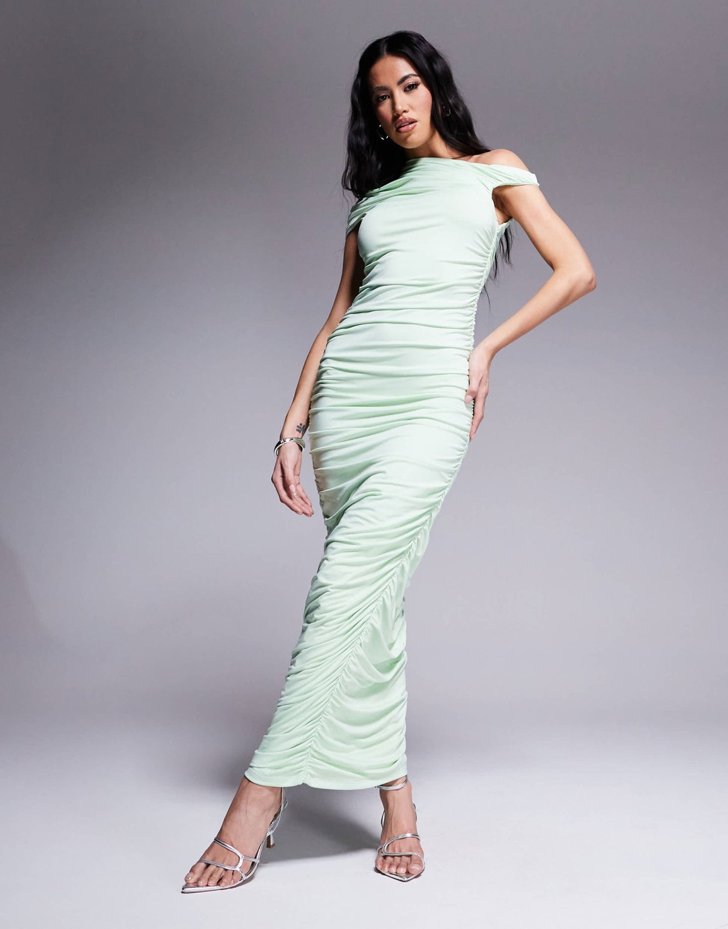 Aria Cove double layered slinky ruched off shoulder maxi dress in pistachio - ASOS Sample Sale