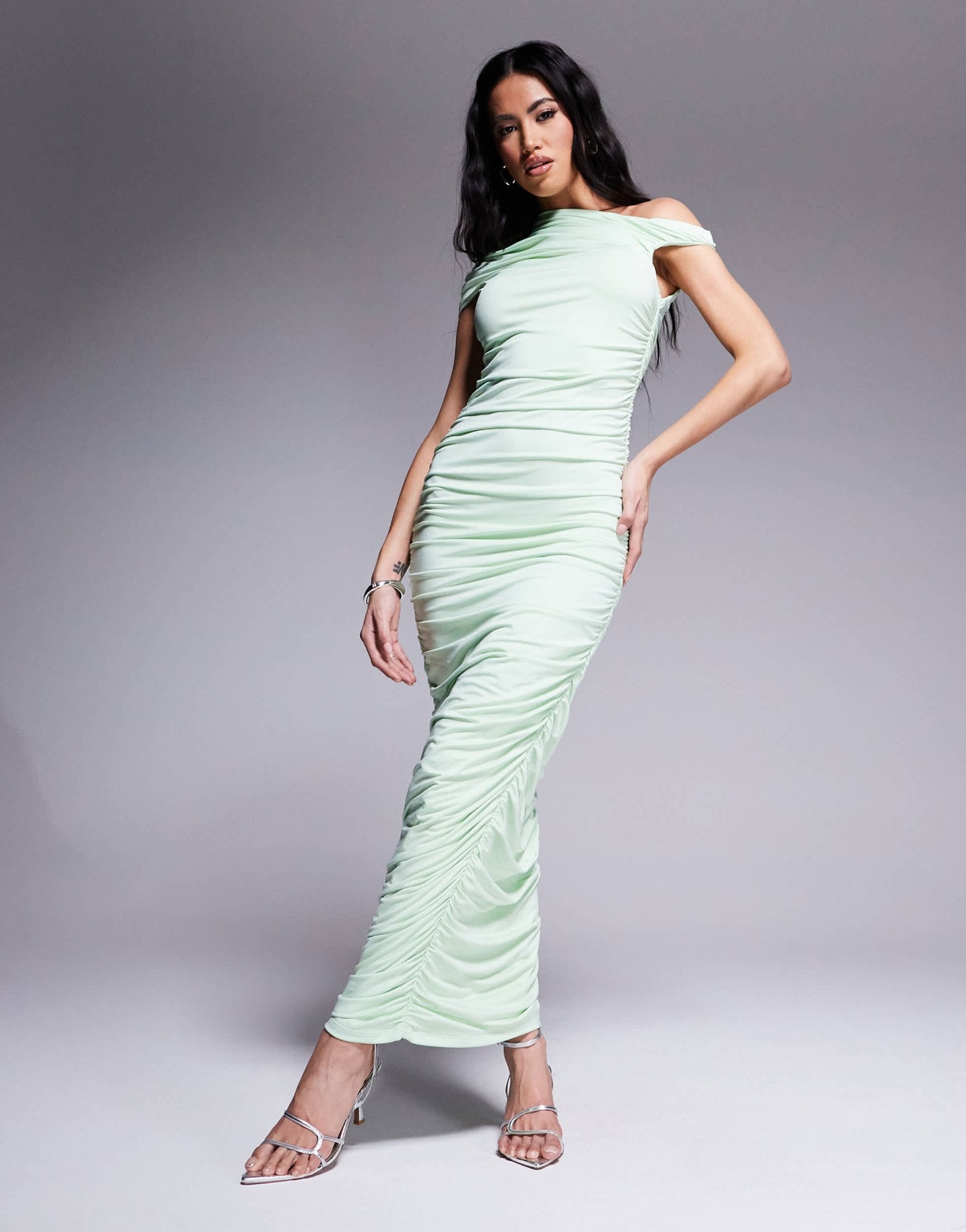 Aria Cove double layered slinky ruched off shoulder maxi dress in pistachio - ASOS Sample Sale