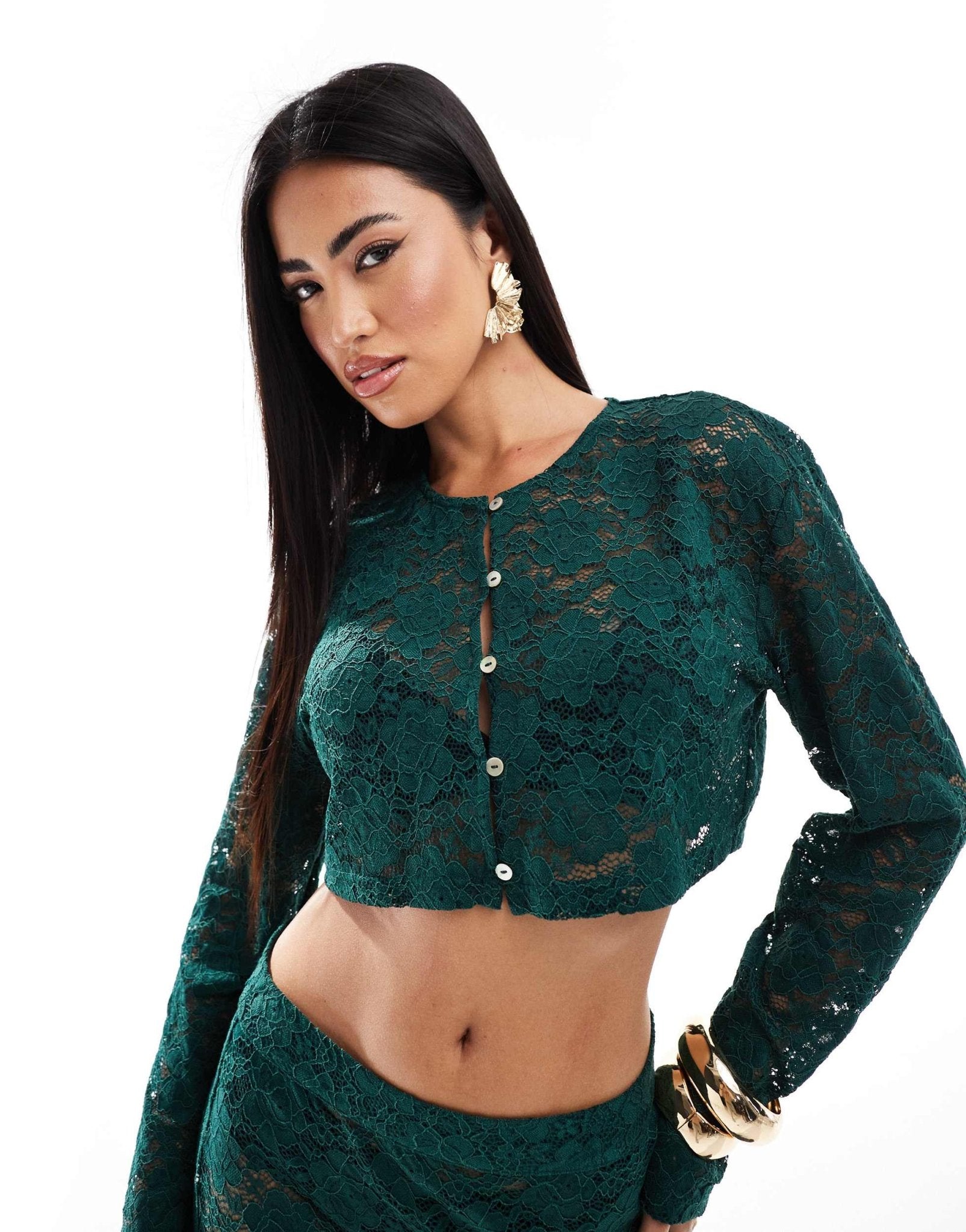 Aria Cove exclusive lace button through long sleeve top co - ord in emerald green - ASOS Sample Sale