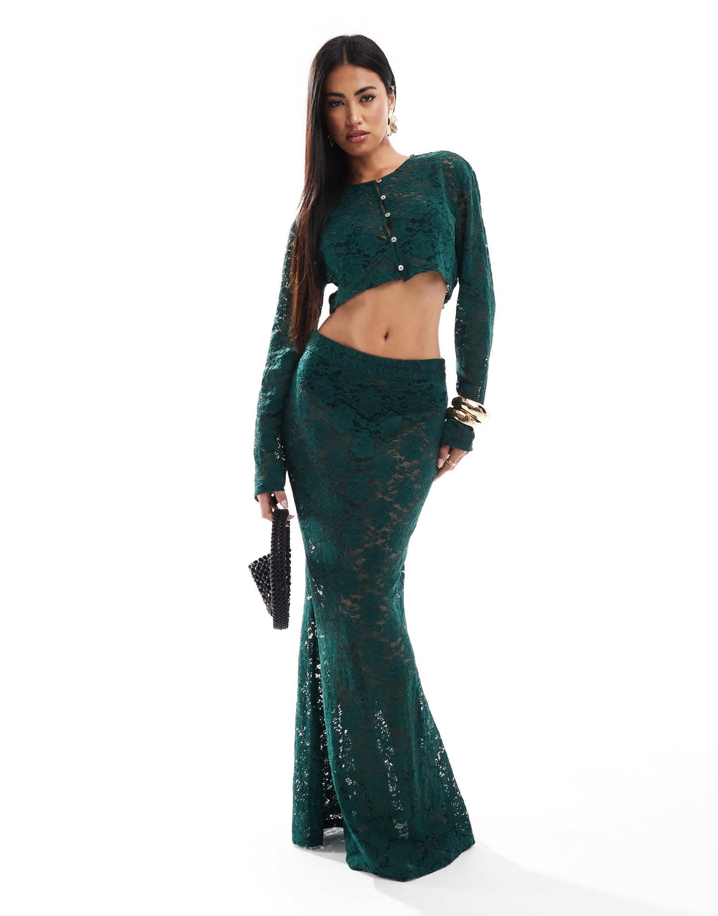 Aria Cove exclusive lace button through long sleeve top co - ord in emerald green - ASOS Sample Sale