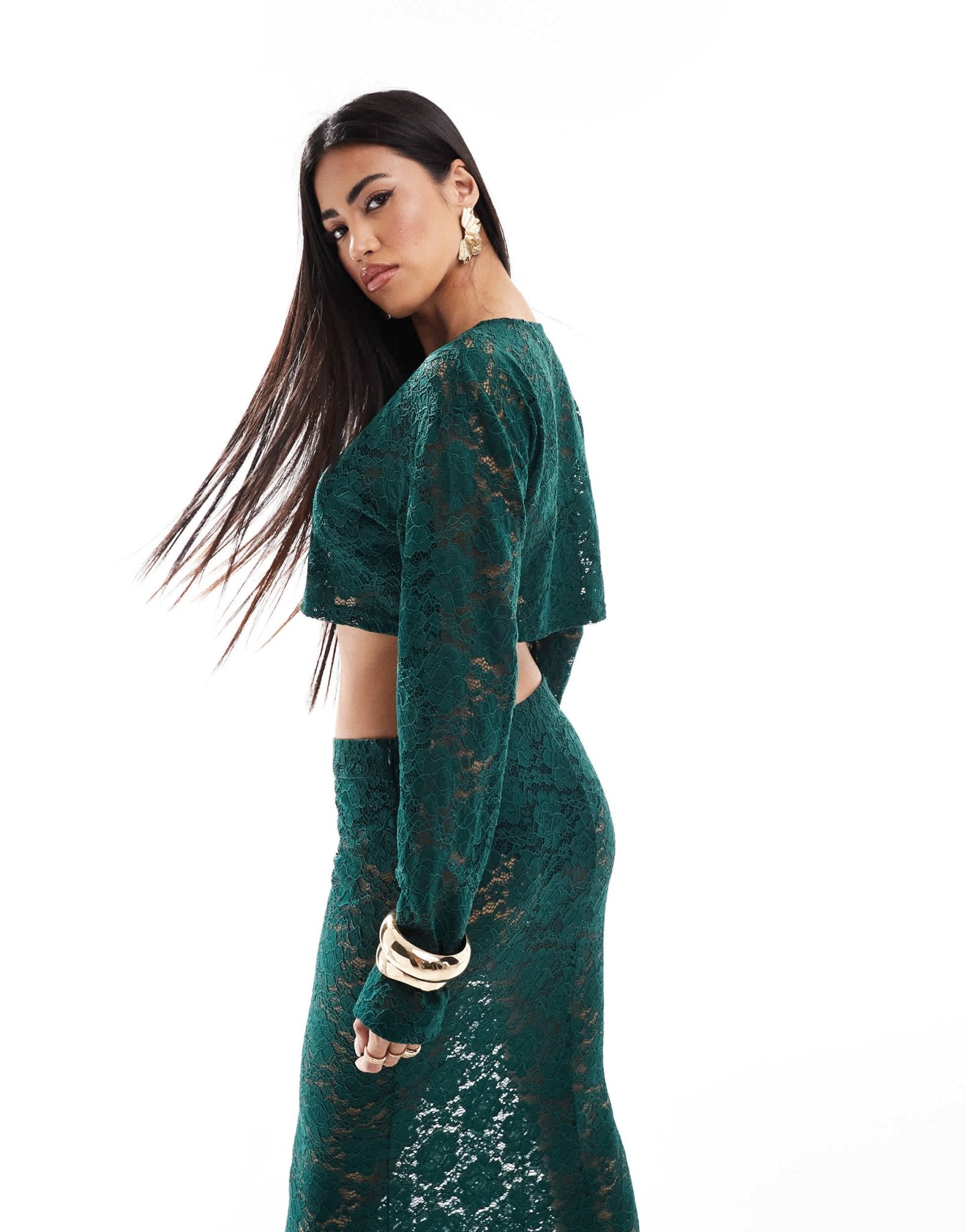 Aria Cove exclusive lace button through long sleeve top co - ord in emerald green - ASOS Sample Sale
