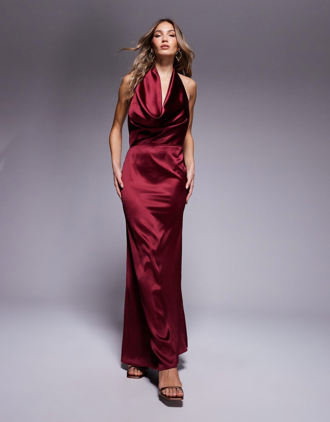 Aria Cove exclusive satin deep plunge fishtail maxi dress in burgundy - ASOS Sample Sale