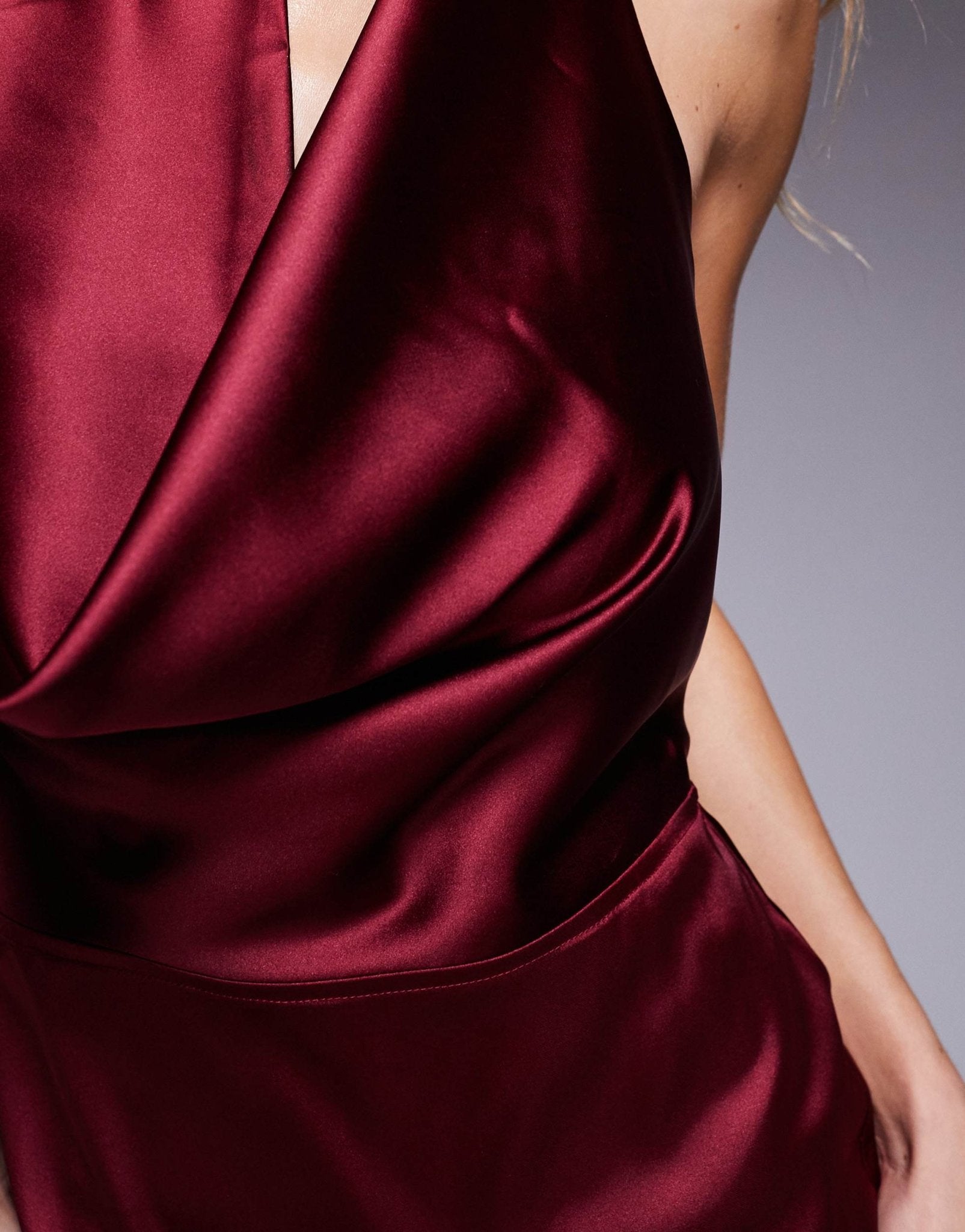 Aria Cove exclusive satin deep plunge fishtail maxi dress in burgundy - ASOS Sample Sale