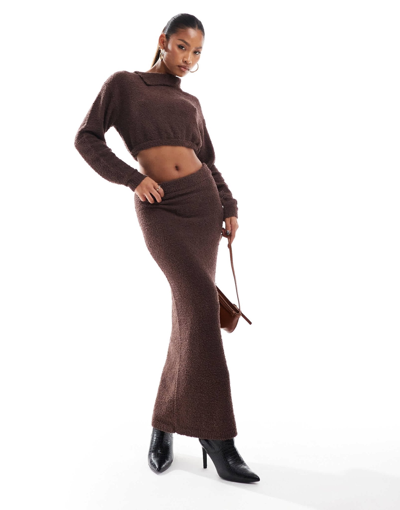 Aria Cove fluffy boucle knitted maxi skirt co - ord in chocolate - ASOS Sample Sale